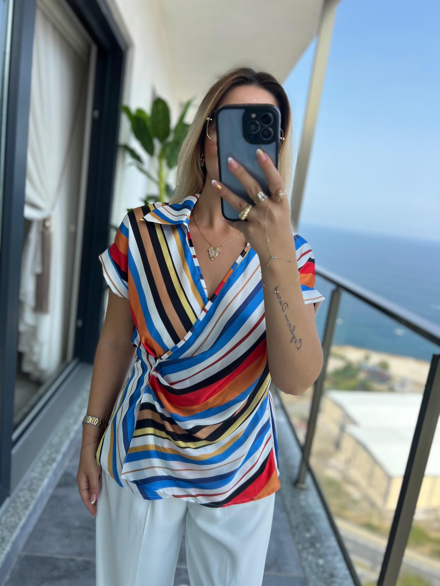 1205 Çizgili Yakalı Saten Gömlek ÇİZGİLİ