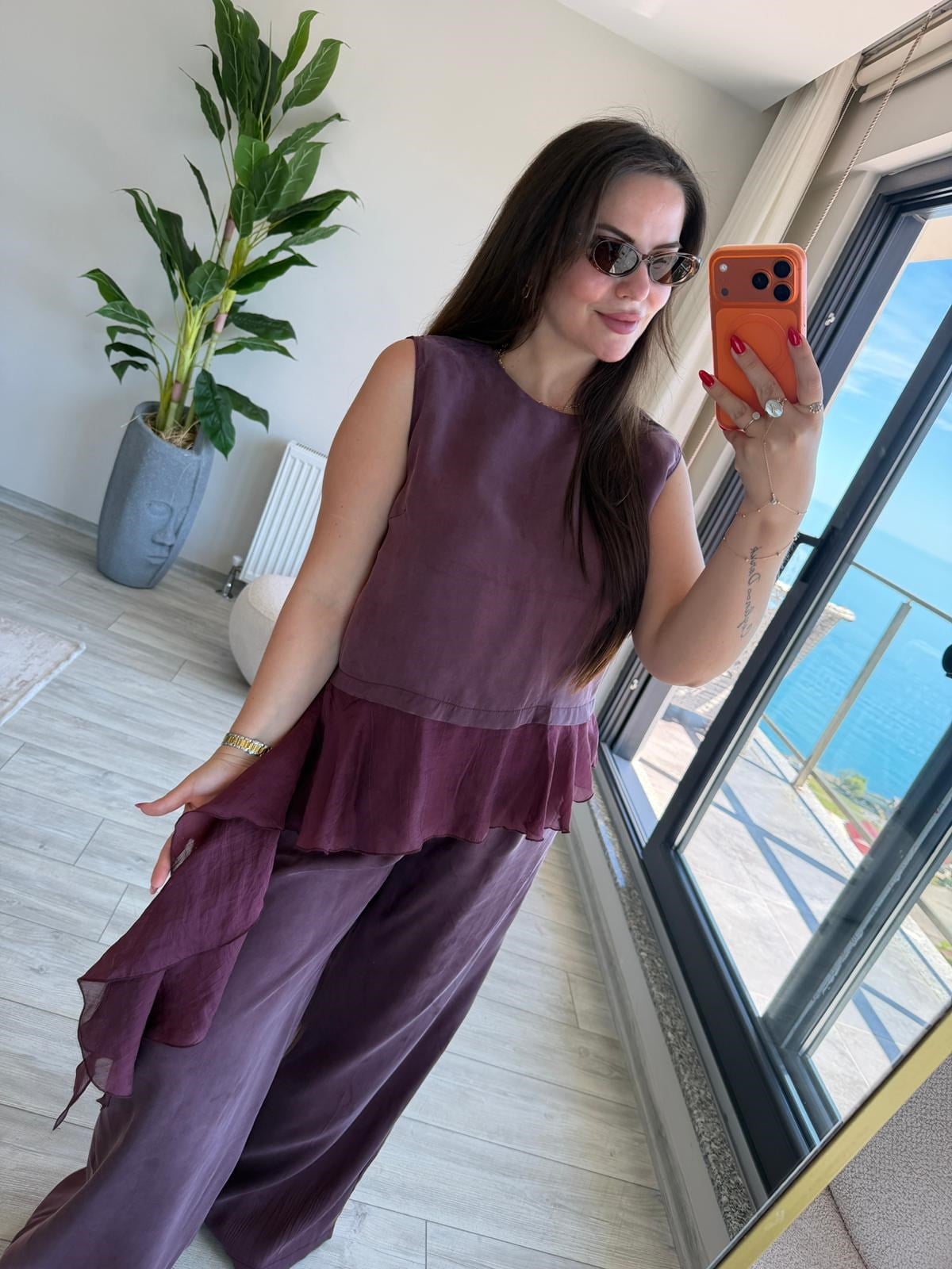 1391 Garnili Bluz Pantolon Takım MÜRDÜM