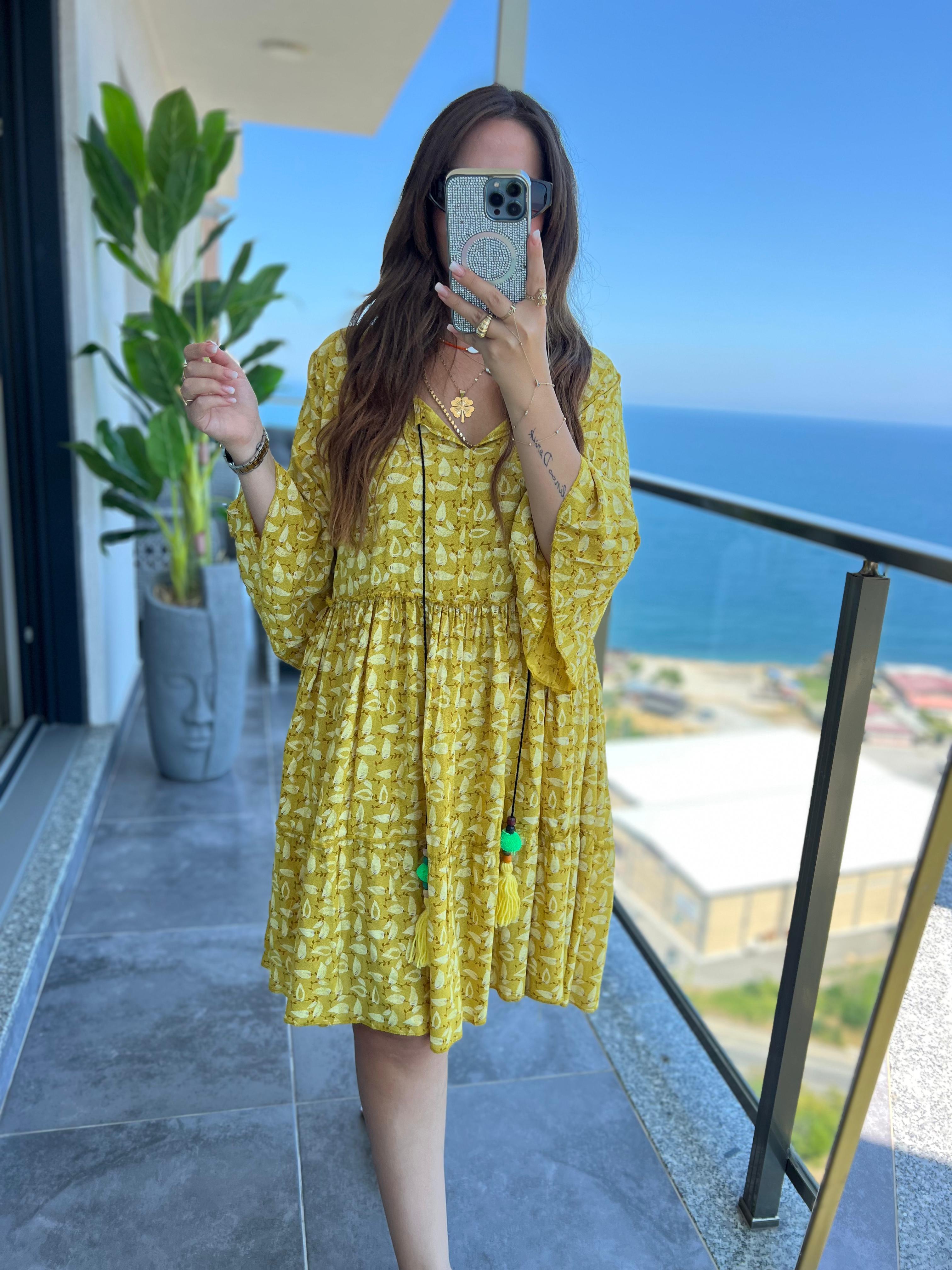 140 Yaprak Desen Elbise SARI