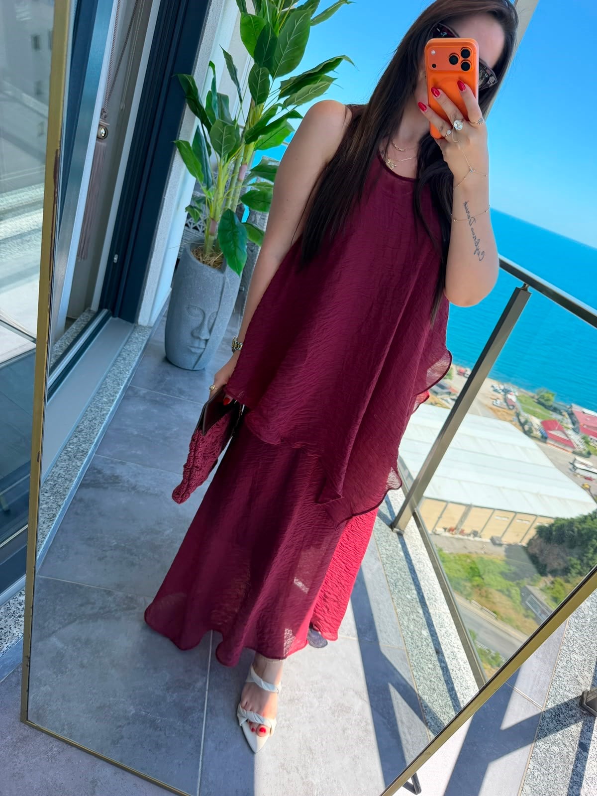 1400 Asimetrik Bluzlu Elbise BORDO