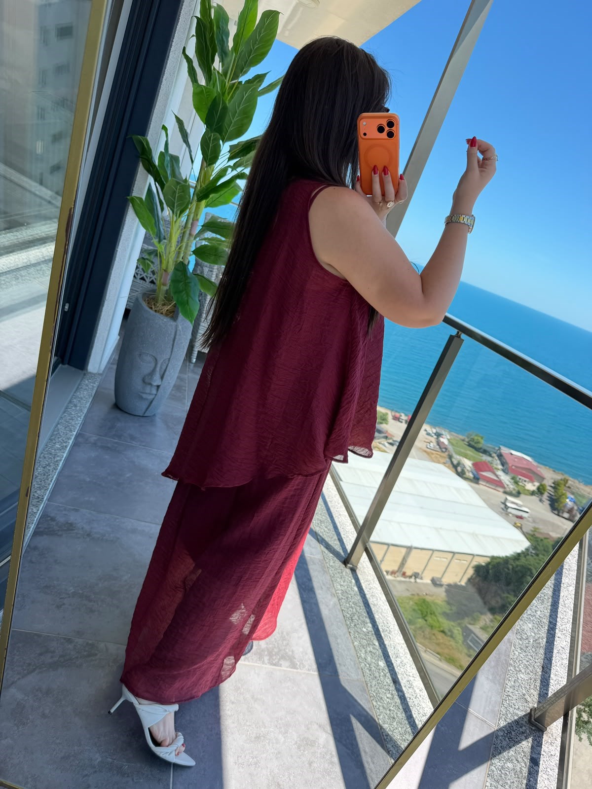 1400 Asimetrik Bluzlu Elbise BORDO