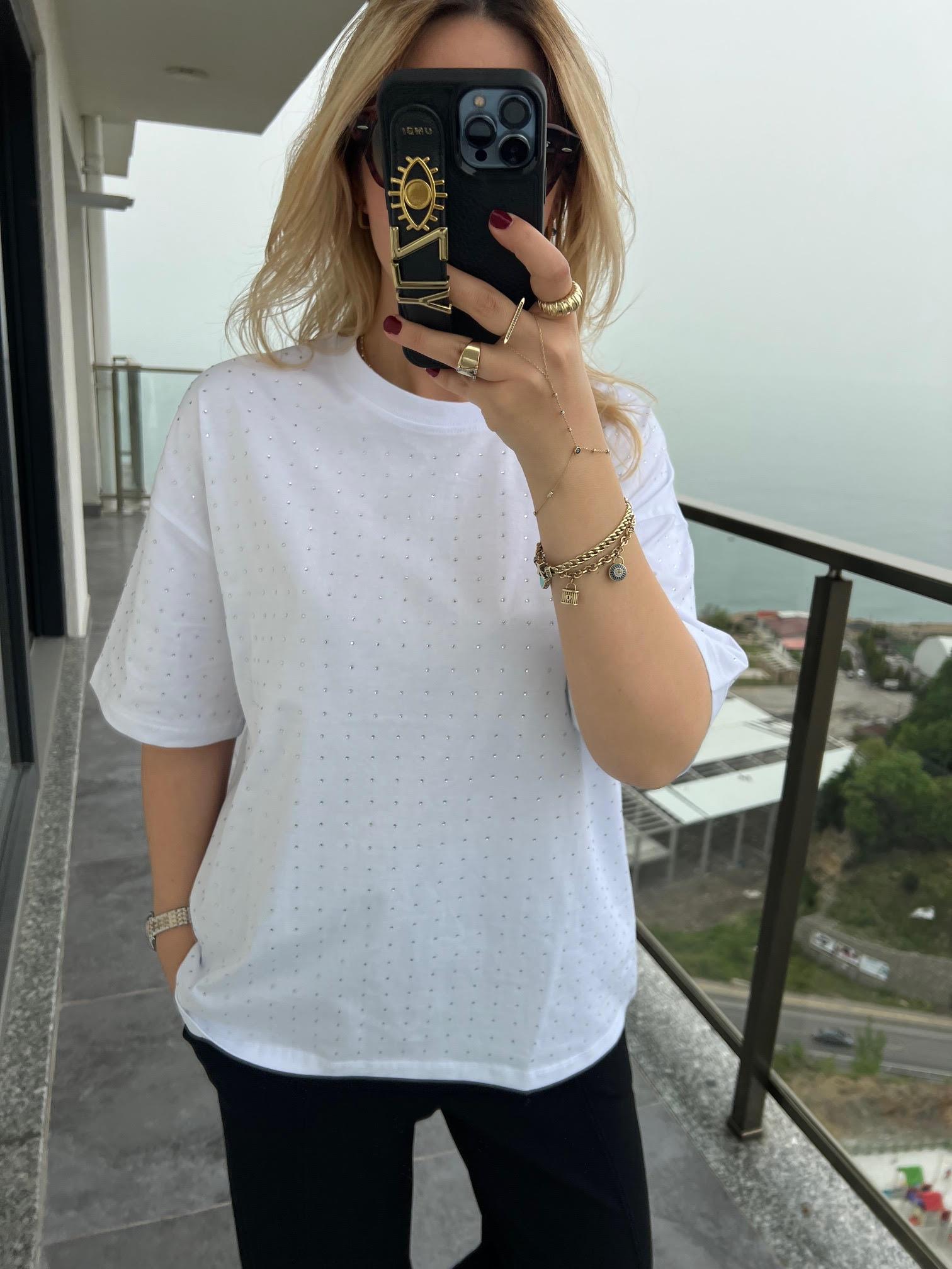 16116 Taşlı Tshirt BEYAZ