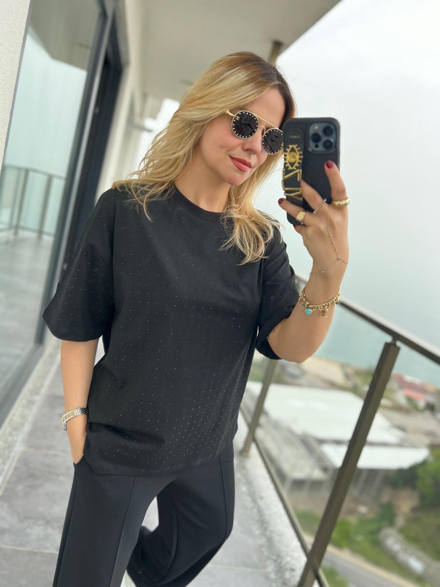 16116 Taşlı Tshirt SİYAH
