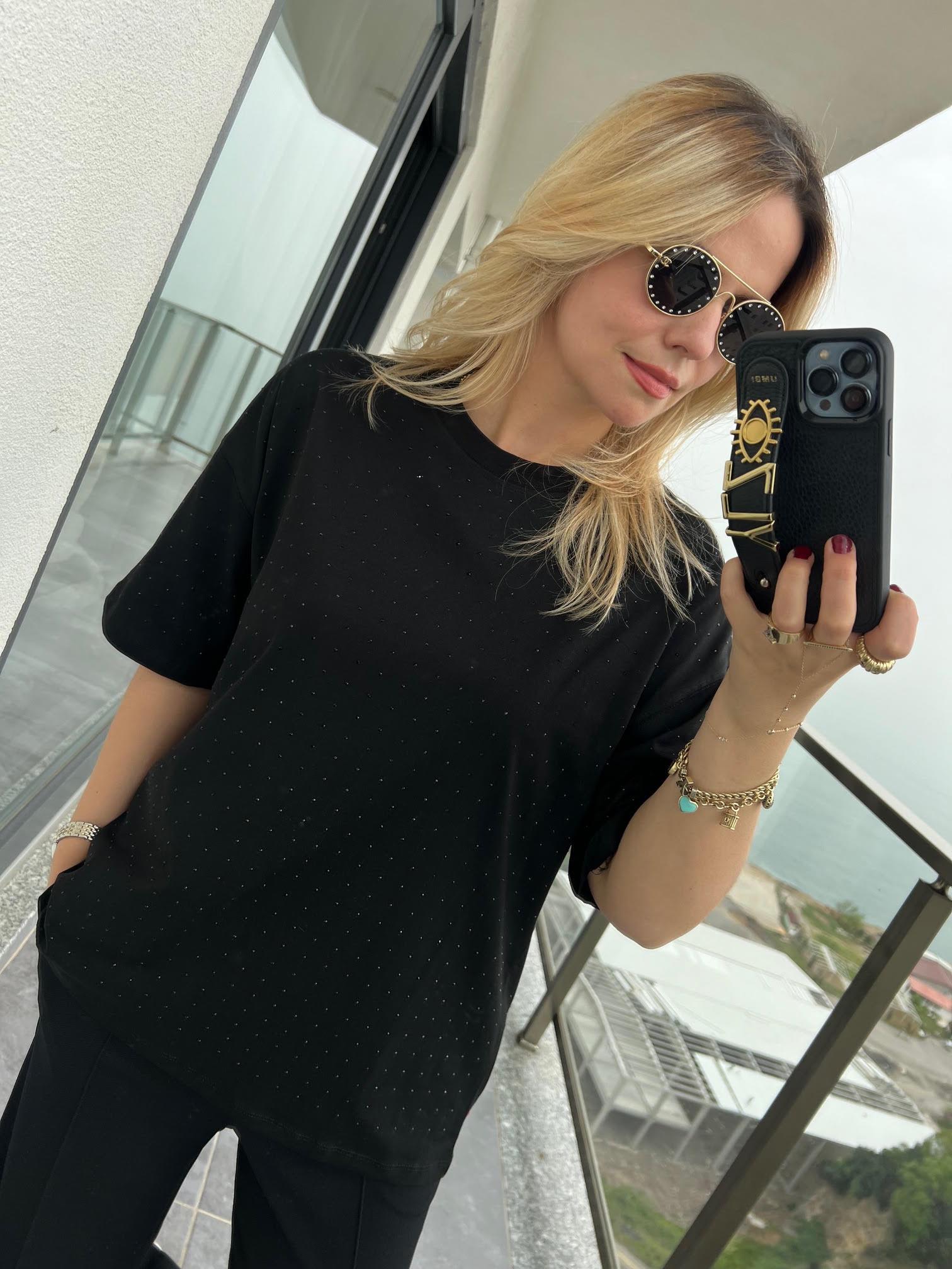16116 Taşlı Tshirt SİYAH