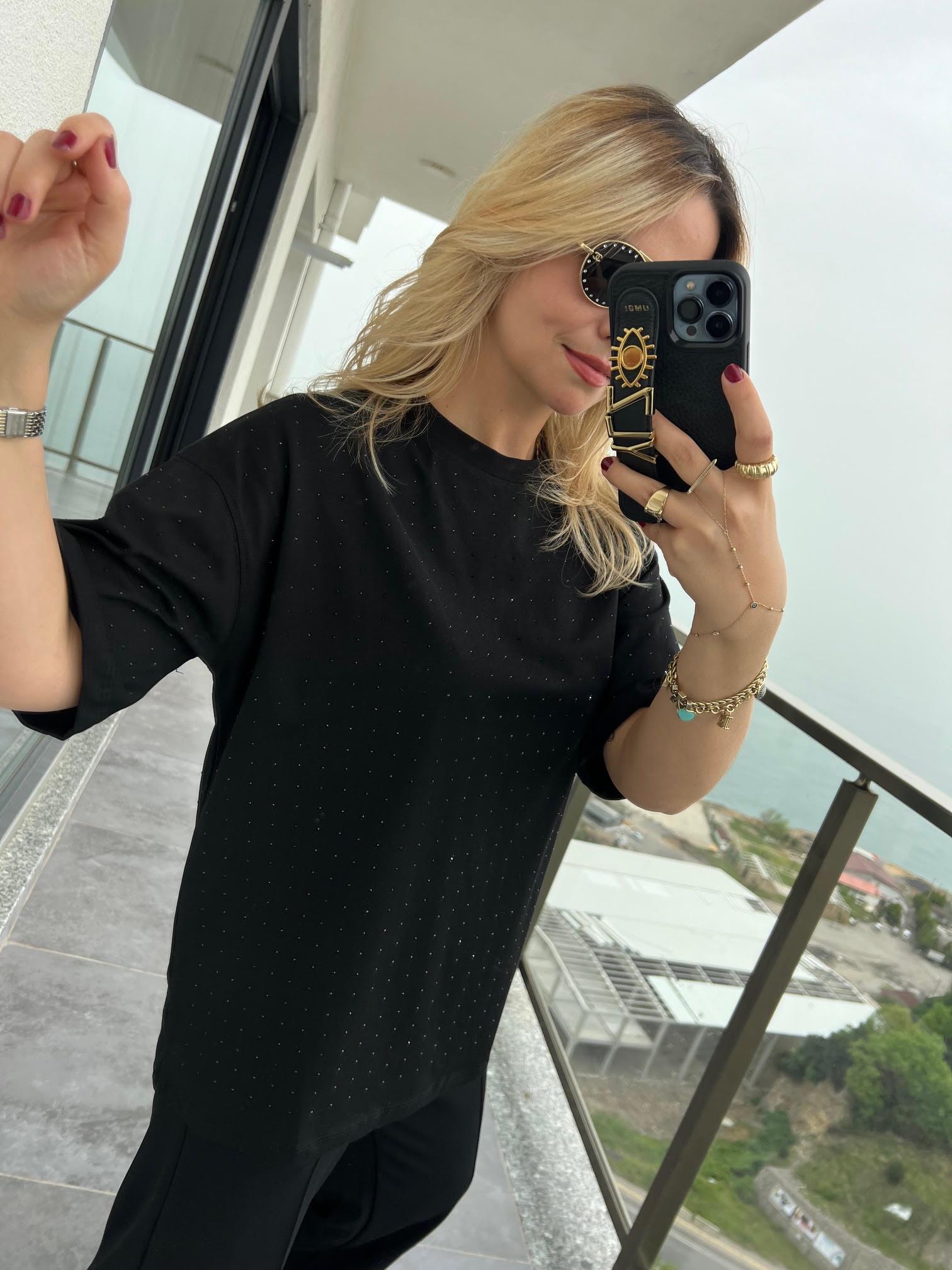 16116 Taşlı Tshirt SİYAH