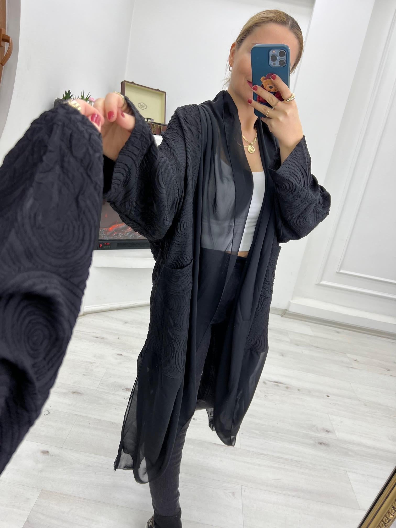 1877  Tül Detay Tasarım Kimono SİYAH