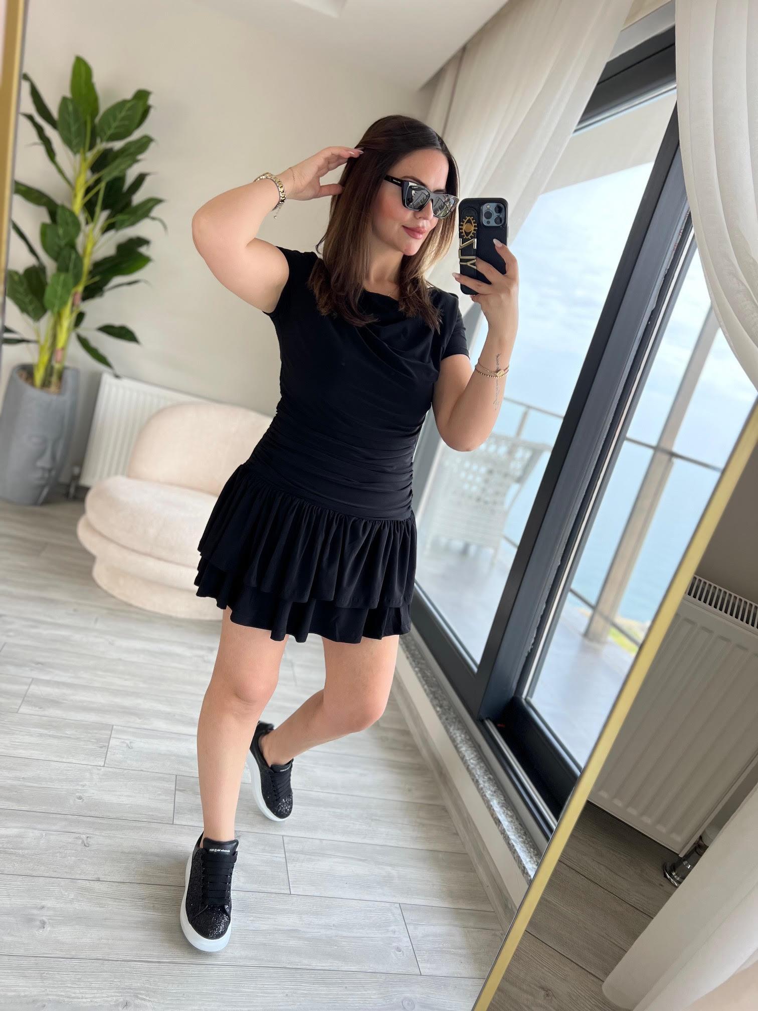 2043 Sandy Drapeli Mini Elbise SİYAH