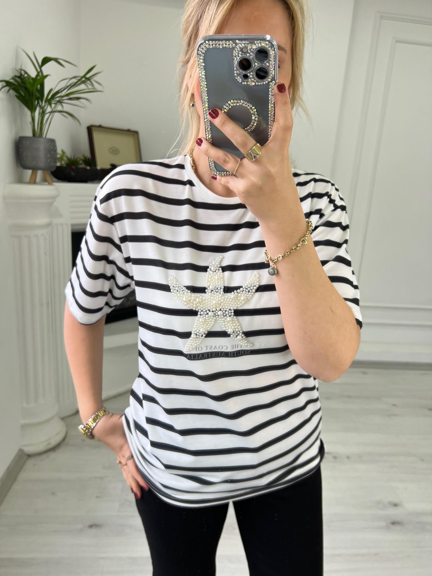 20563 Önü Yıldız İncili Tshirt BEYAZ