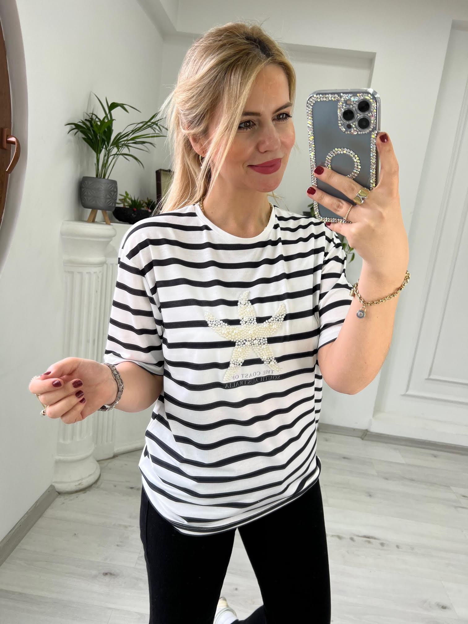 20563 Önü Yıldız İncili Tshirt BEYAZ