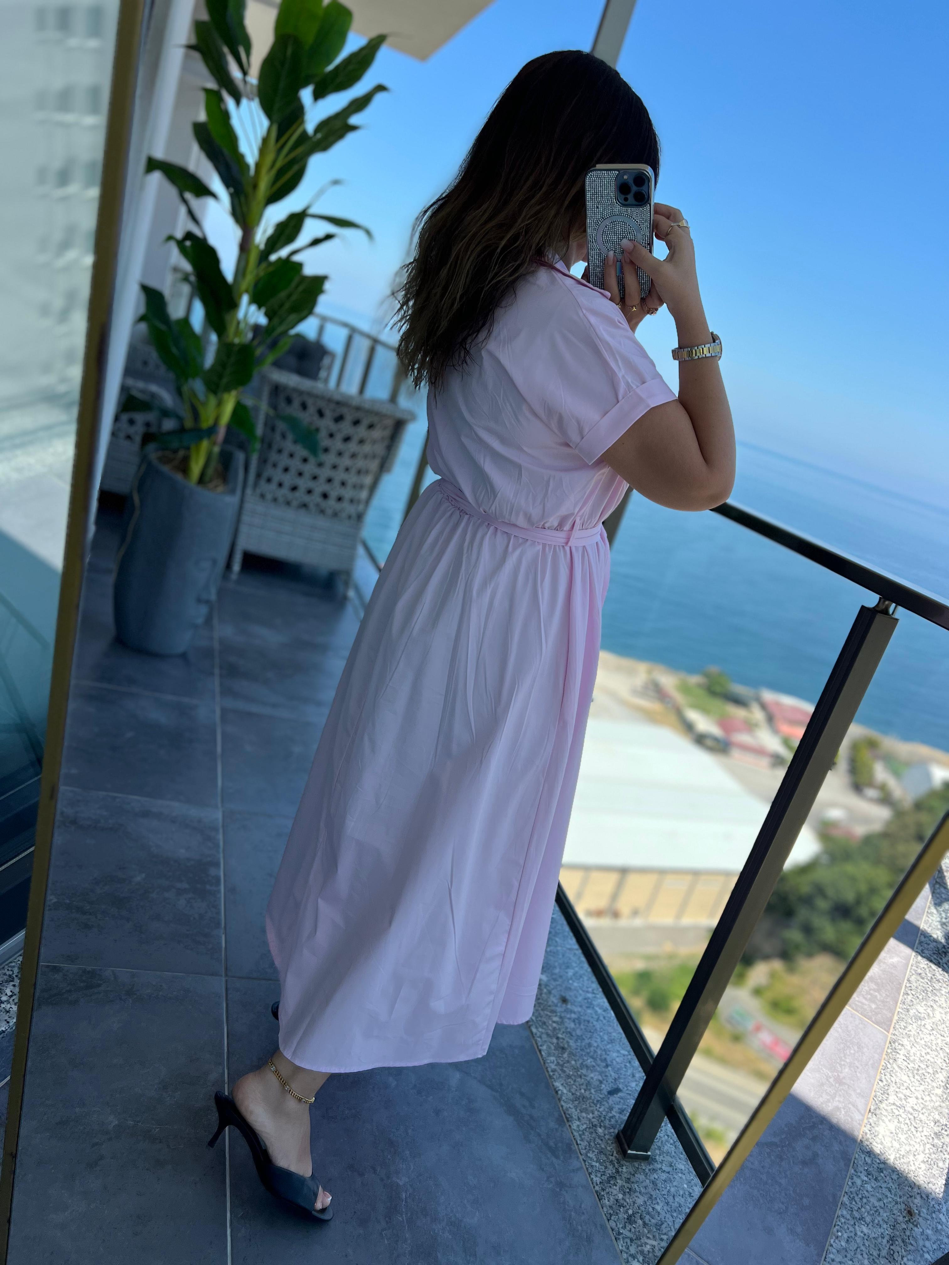 2075 Kemerli Elbise PEMBE