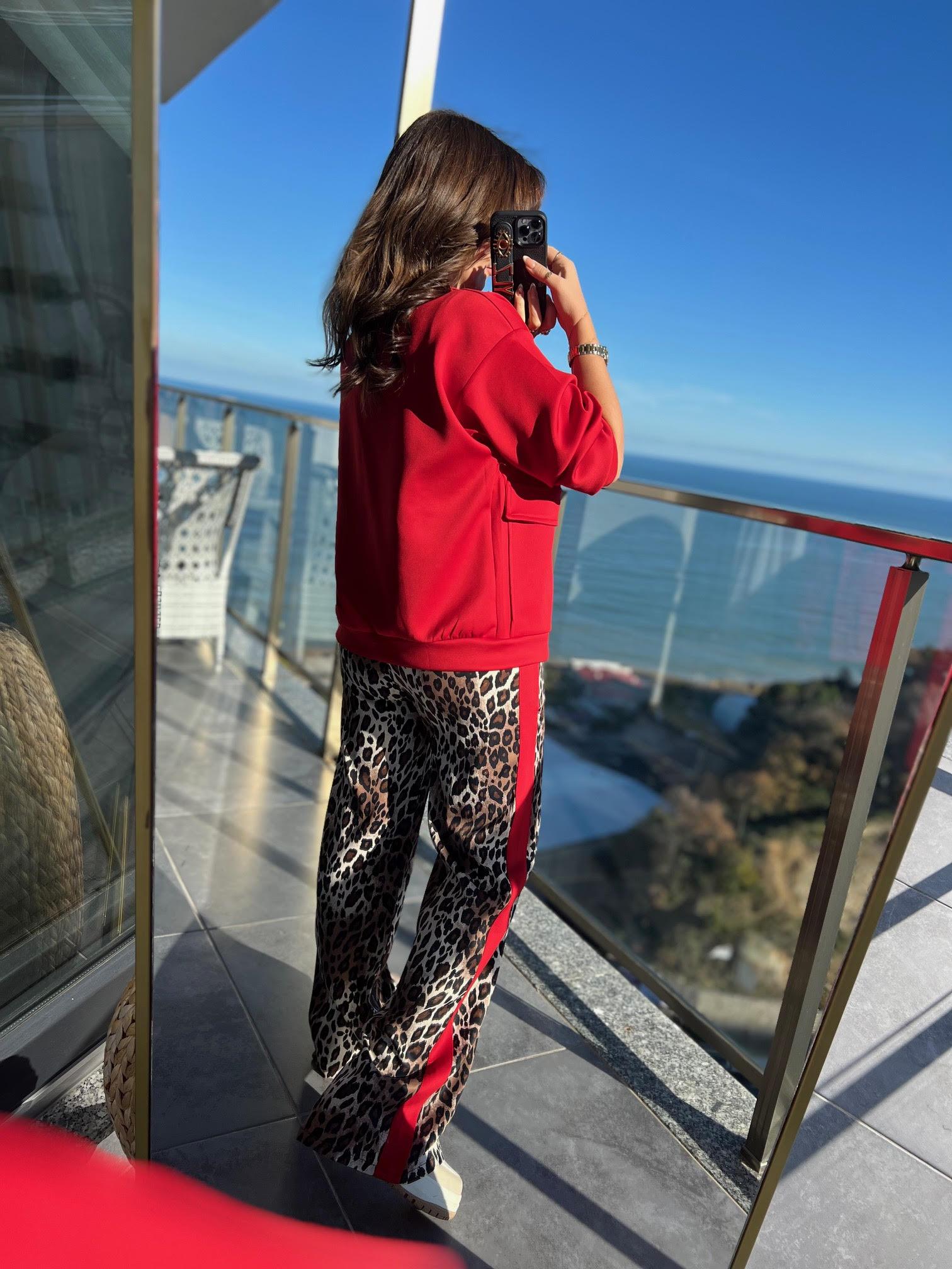 2080 Leopar Pantolonlu Takım KIRMIZI