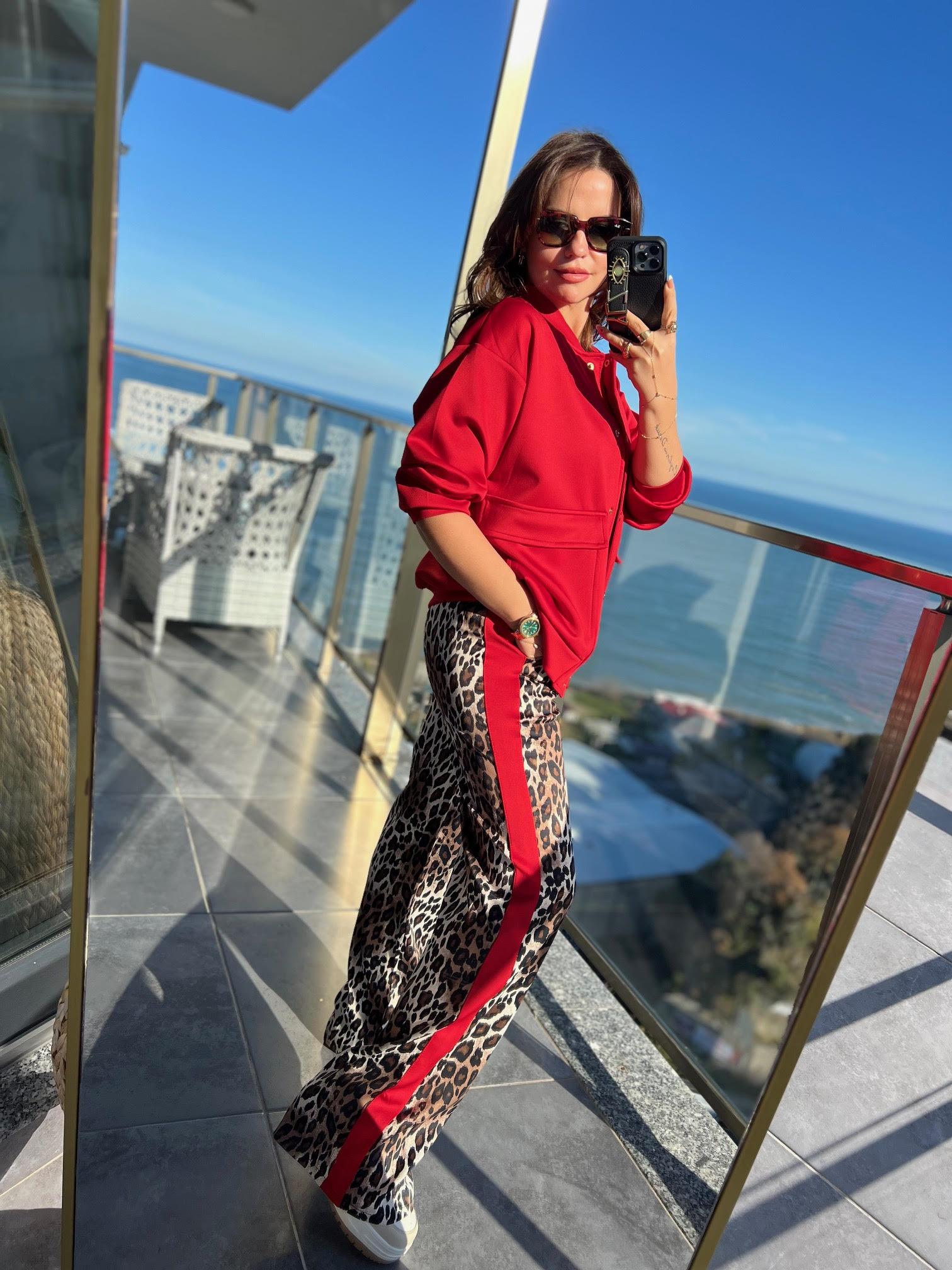 2080 Leopar Pantolonlu Takım KIRMIZI