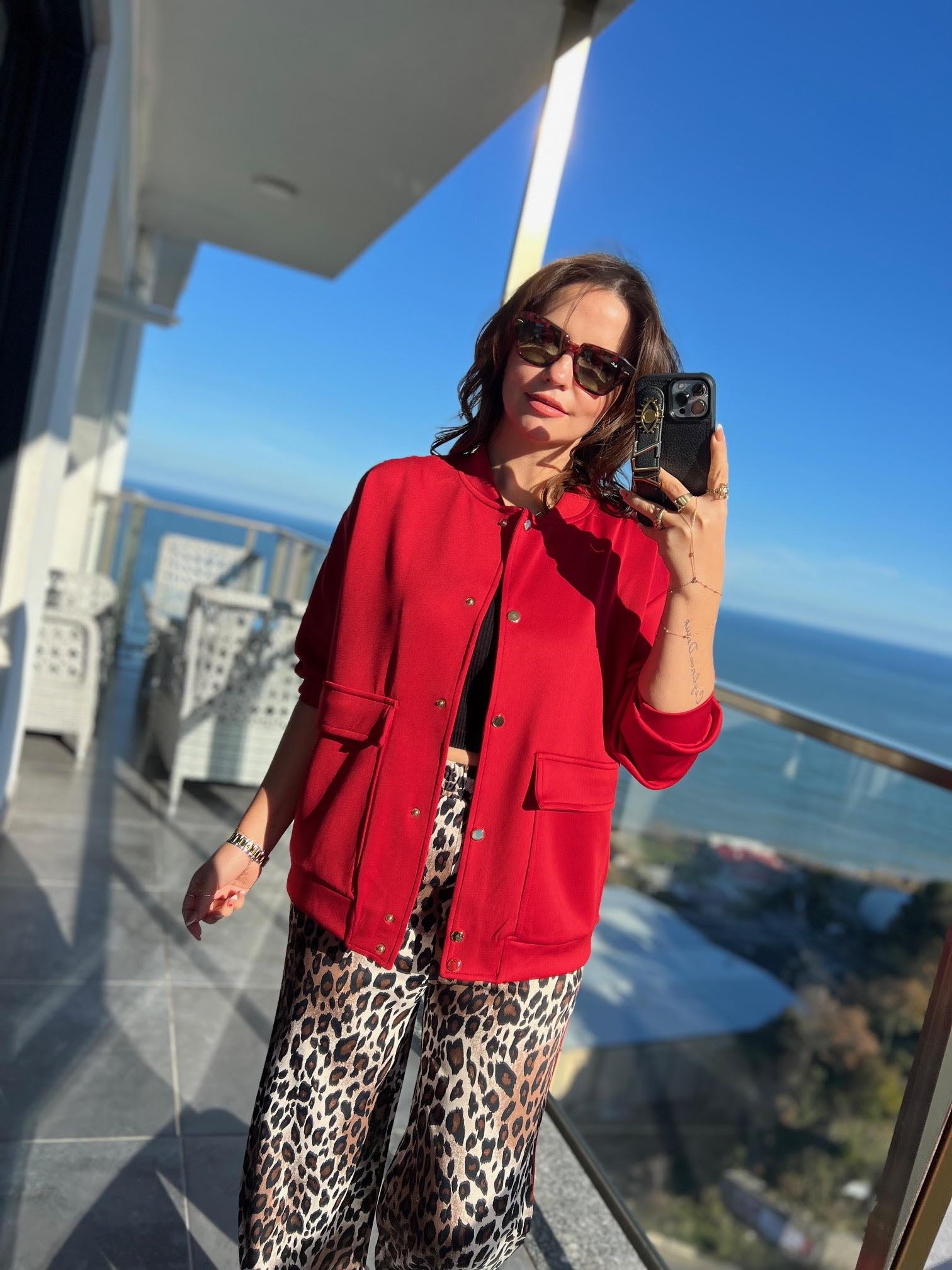 2080 Leopar Pantolonlu Takım KIRMIZI