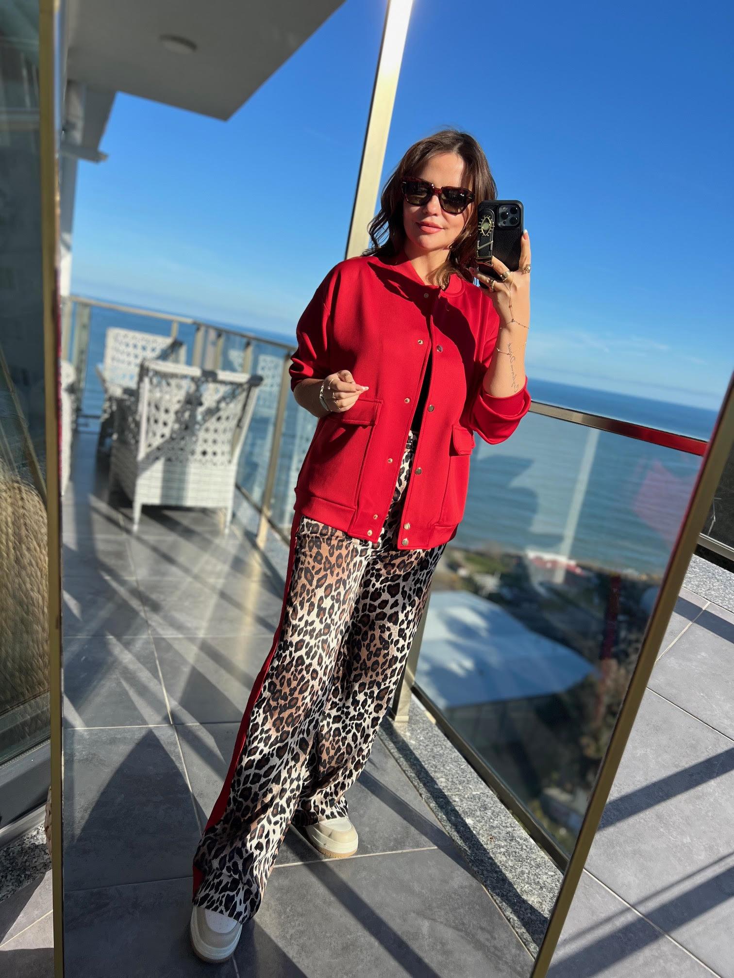 2080 Leopar Pantolonlu Takım KIRMIZI
