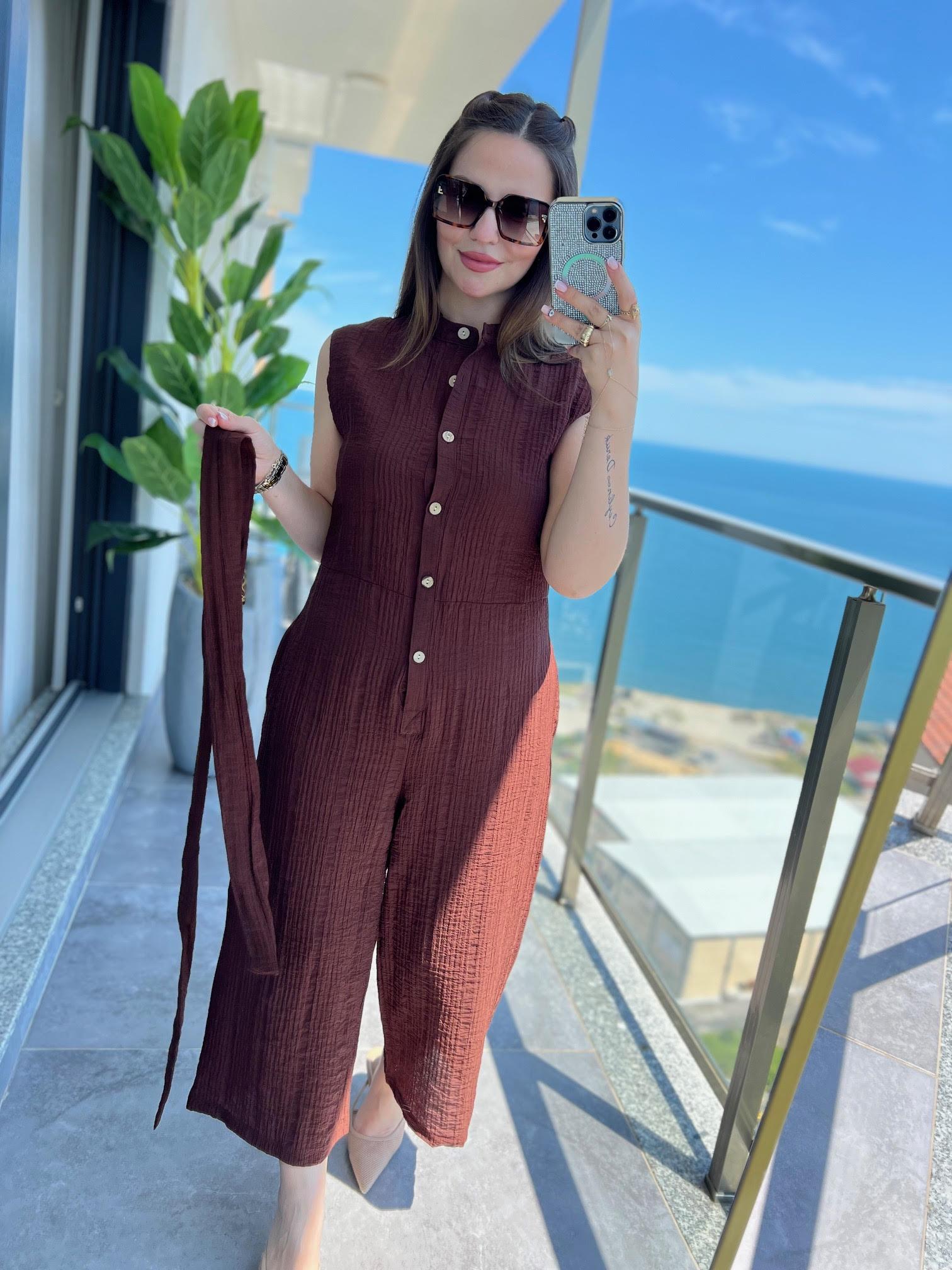 2092 Sıfır Kollu Tulum KAHVE