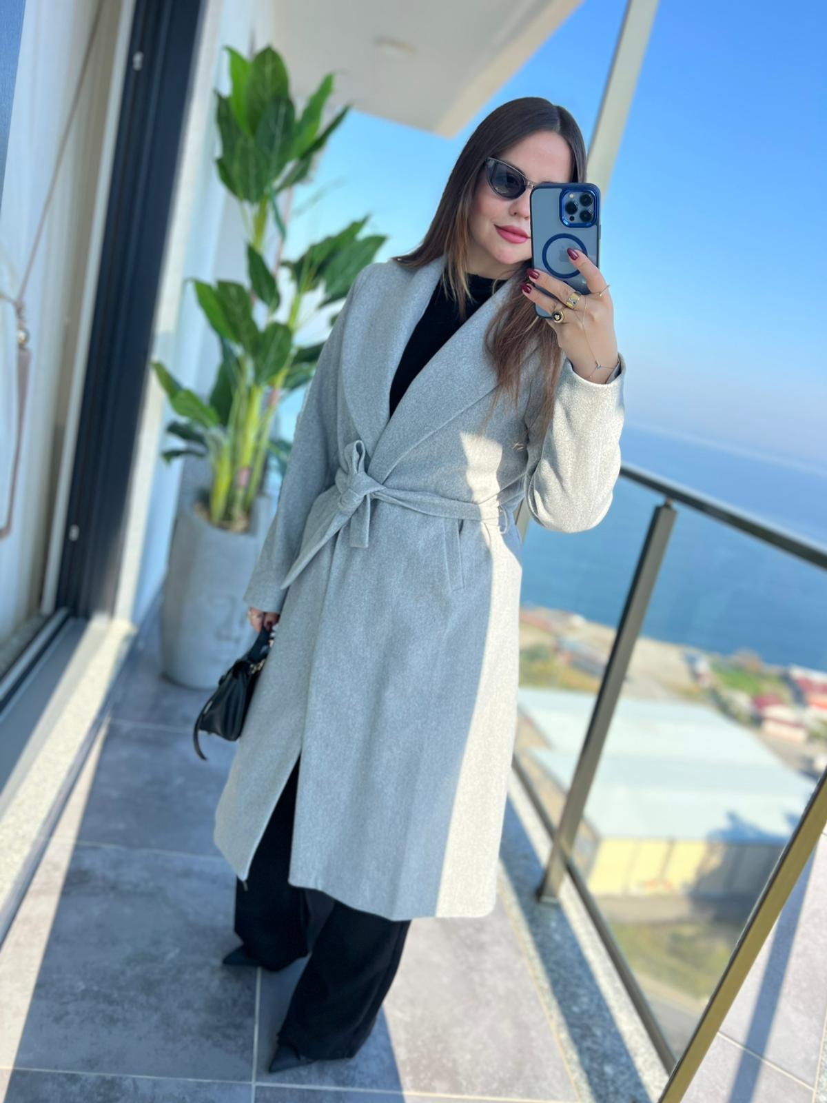 2173 Kuşaklı Kaşe Kaban GRİ