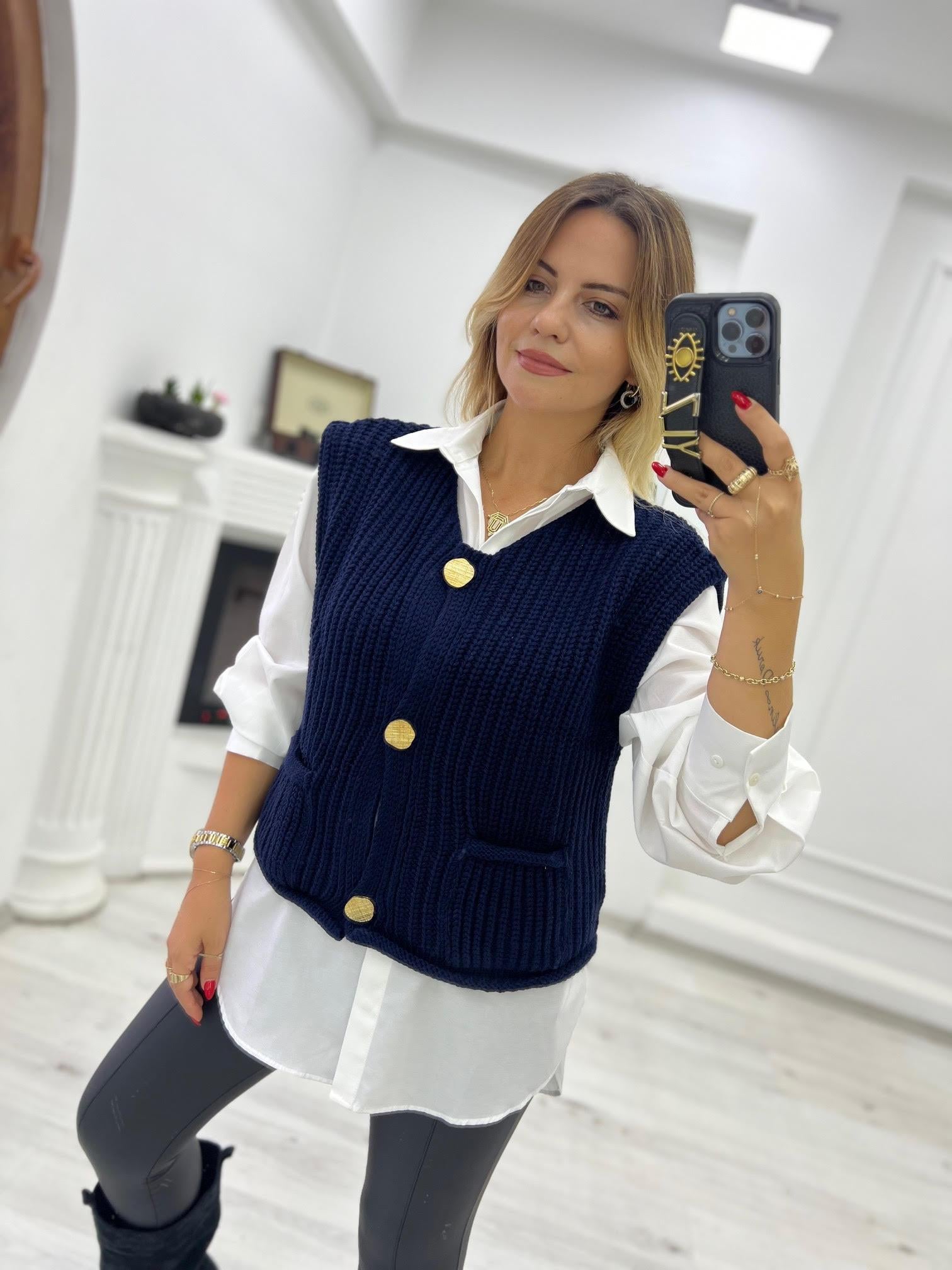 2186 Kalın Örgü Cepli Trend Yelek LACİVERT