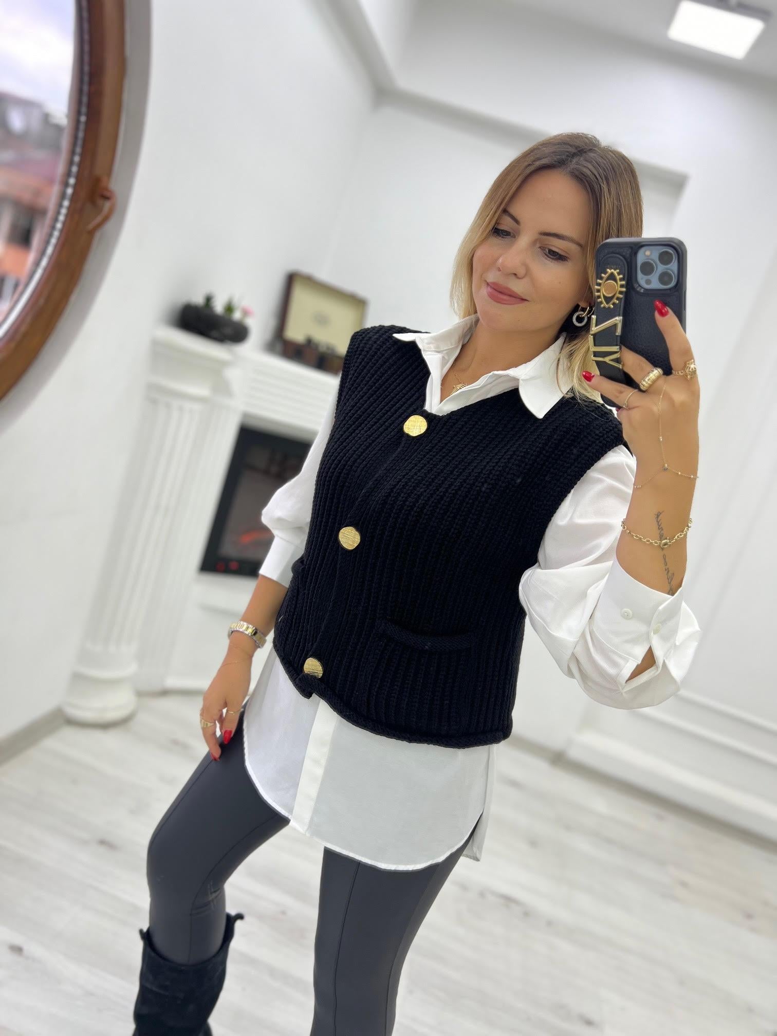 2186 Kalın Örgü Cepli Trend Yelek SİYAH