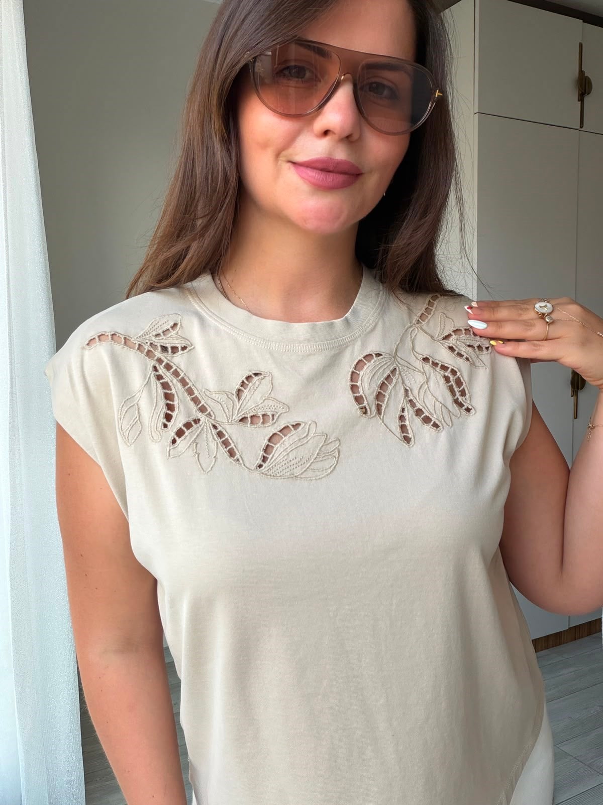2248 Cutvark Nakış detay Tshirt BEJ