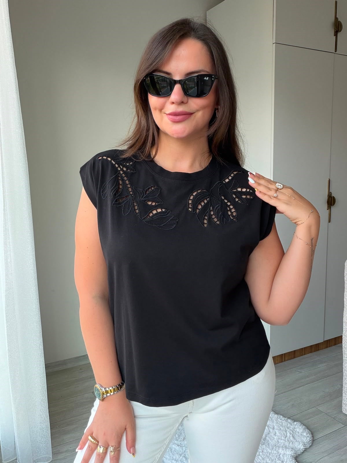 2248 Cutvark Nakış detay Tshirt SİYAH