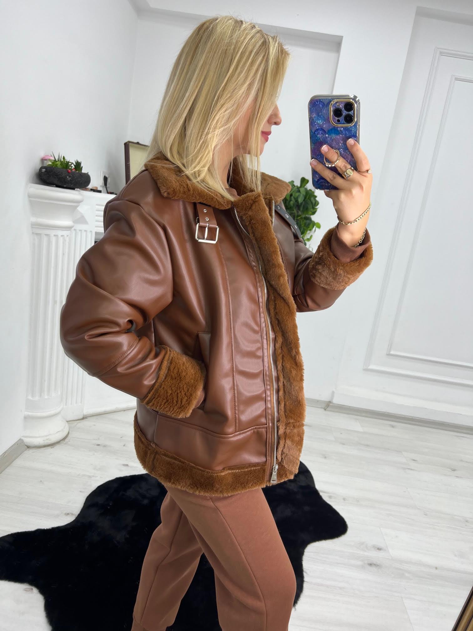 2303 Peluş Lamineli Ara Boy Ceket TABA