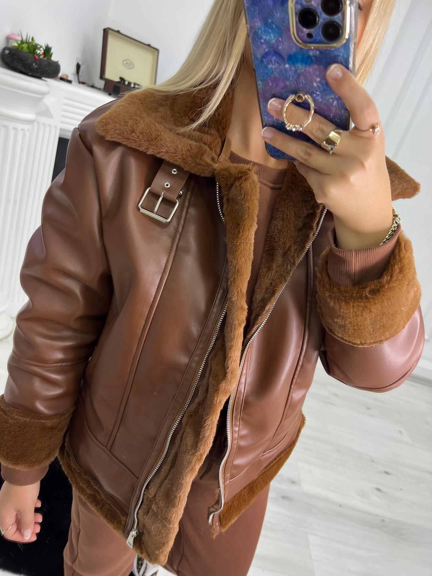 2303 Peluş Lamineli Ara Boy Ceket TABA