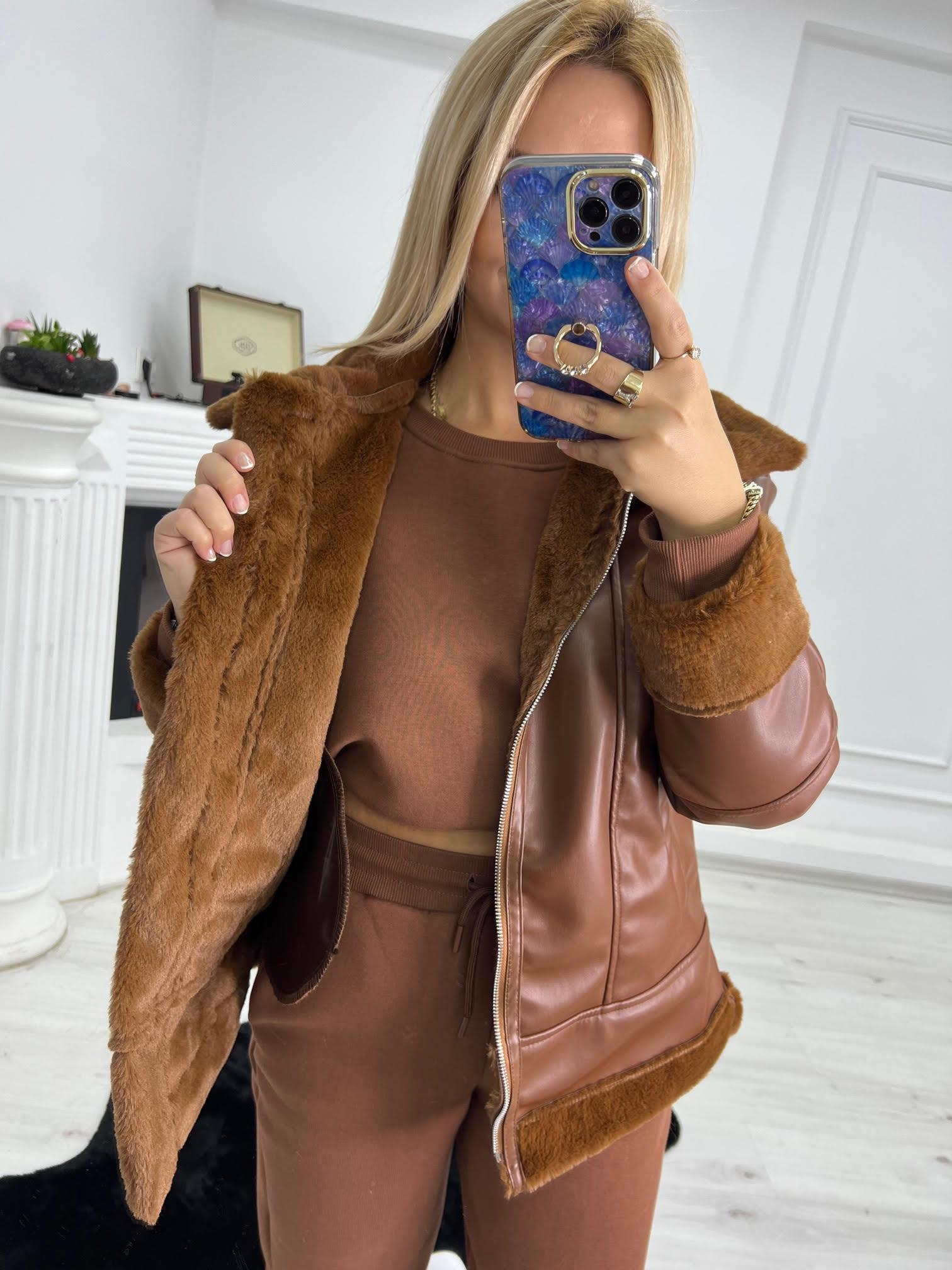 2303 Peluş Lamineli Ara Boy Ceket TABA