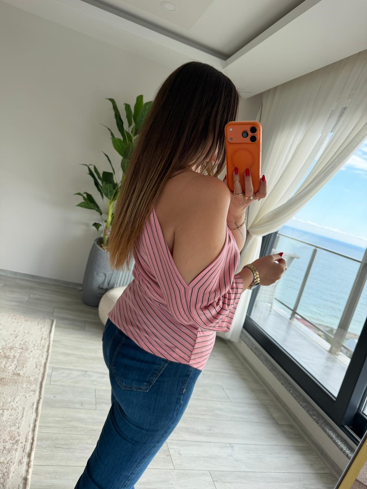 2318 Kayık Yaka Asimetrik Top PEMBE