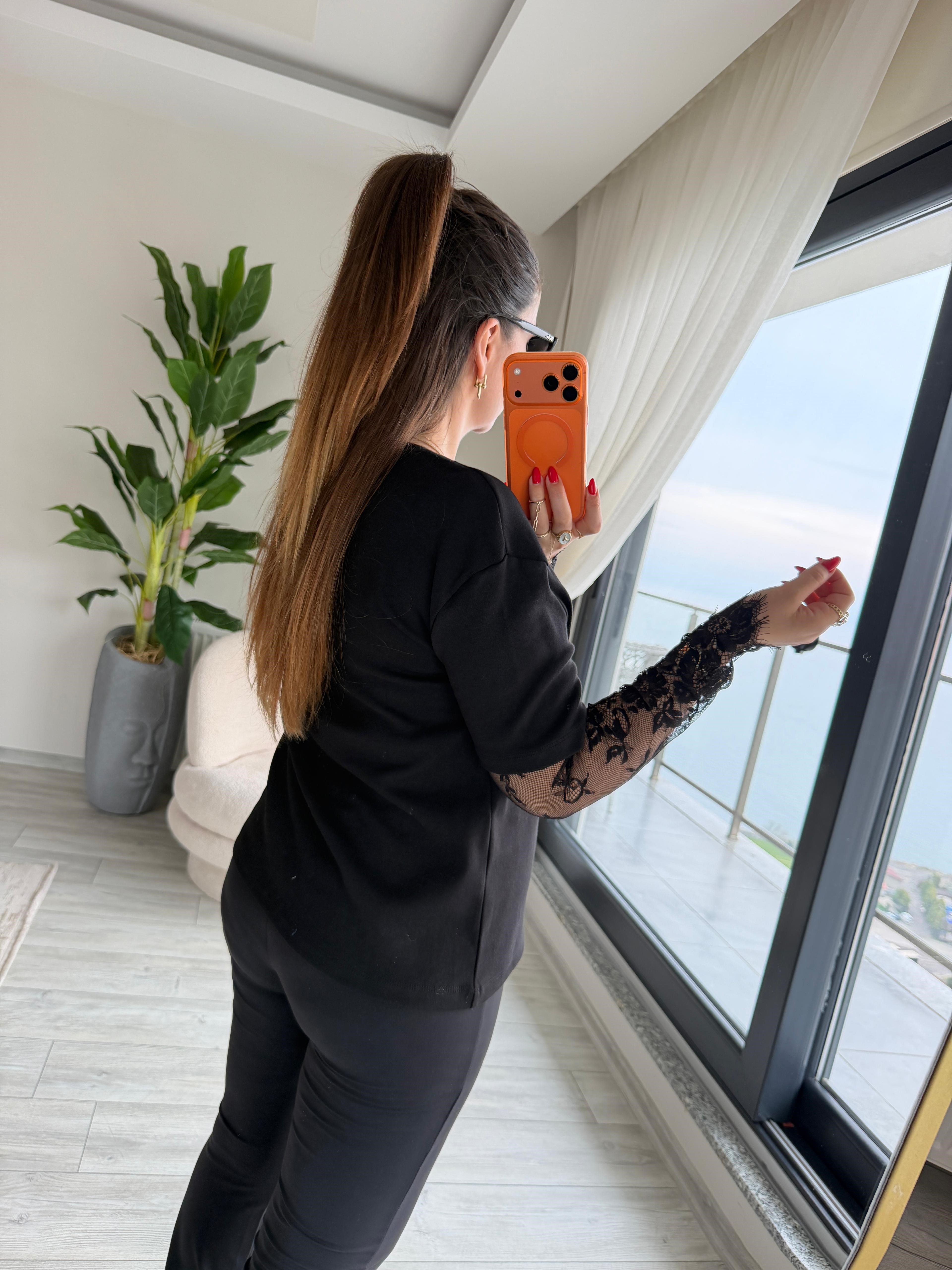 2320 Kolları Dantelli Tshirt SİYAH