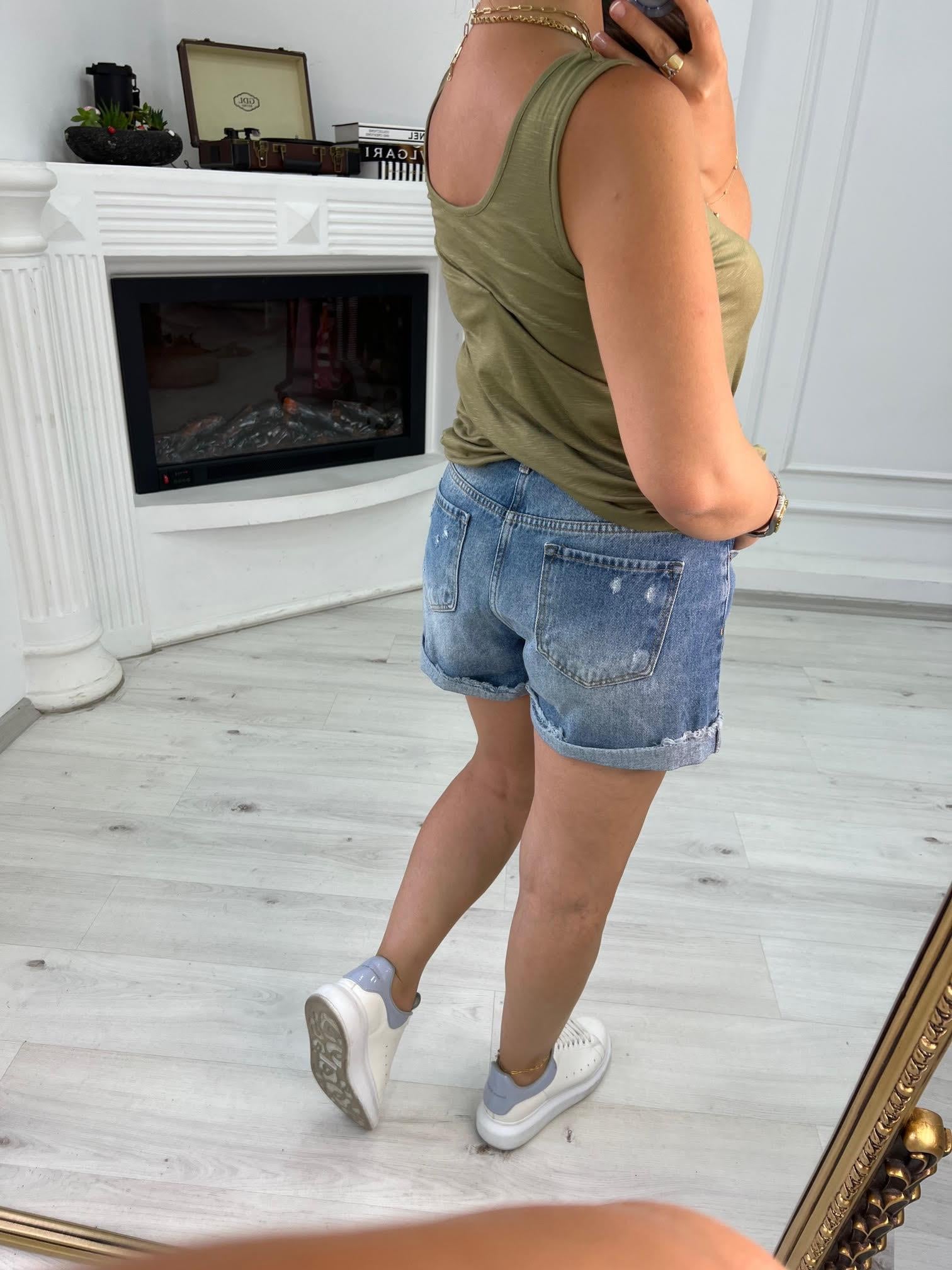 23341 Duble Paça Lazerli Şort MAVİ