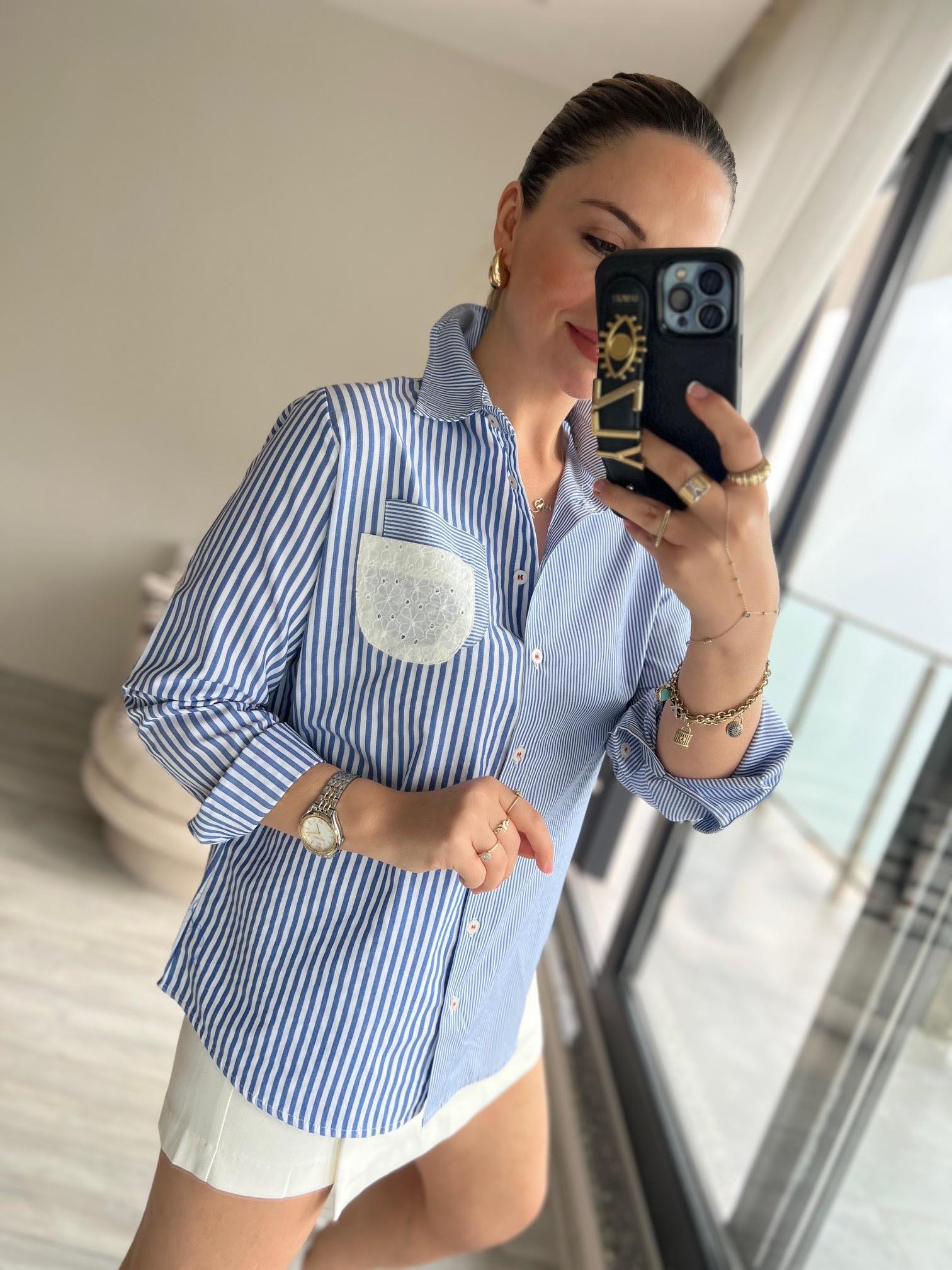 23388 Ajur Detay Çizgili Gömlek MAVİ