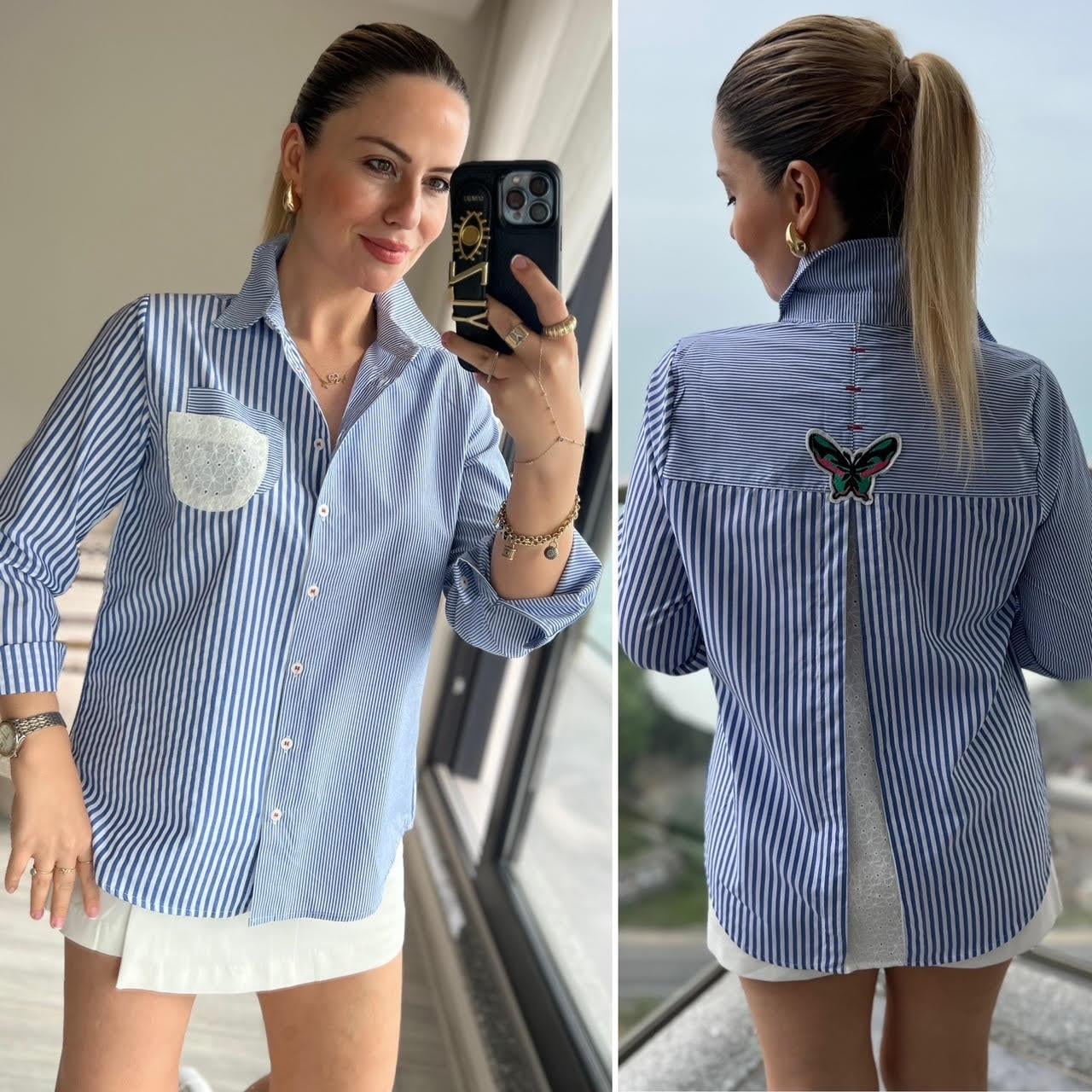 23388 Ajur Detay Çizgili Gömlek MAVİ