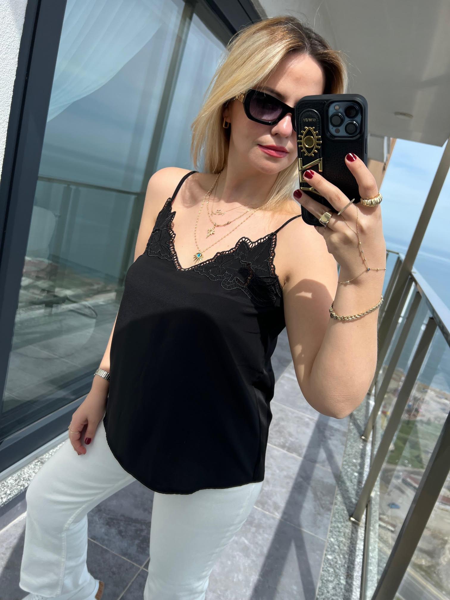 23444 Ajur Detaylı Bluz SİYAH
