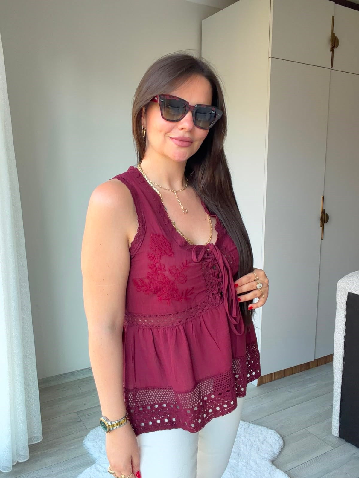 2347 Dantel Detaylı Nakışlı Bluz BORDO