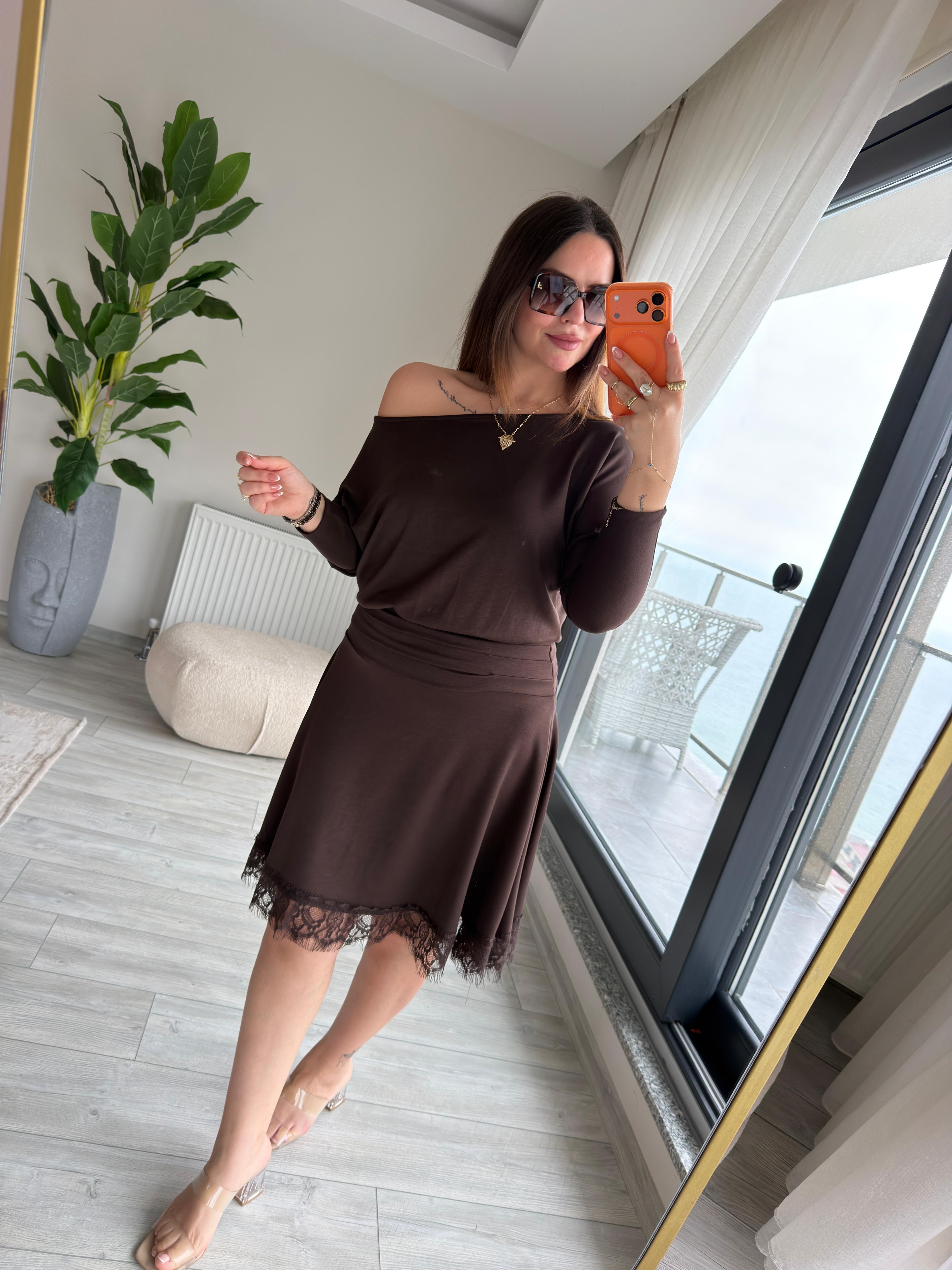 2380 Ön Pileli Dantelli Elbise KAHVE