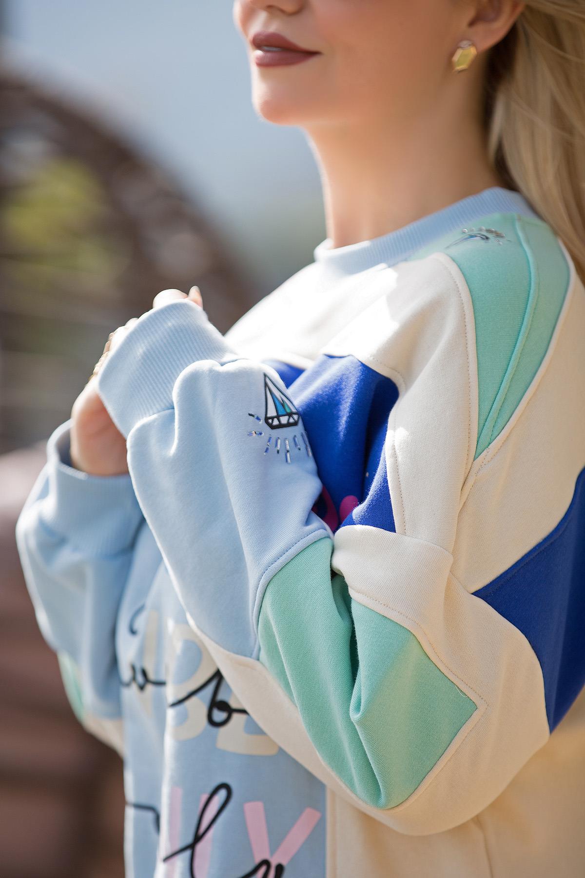 23Y17725 Desenli Taşlı Sweat MAVİ