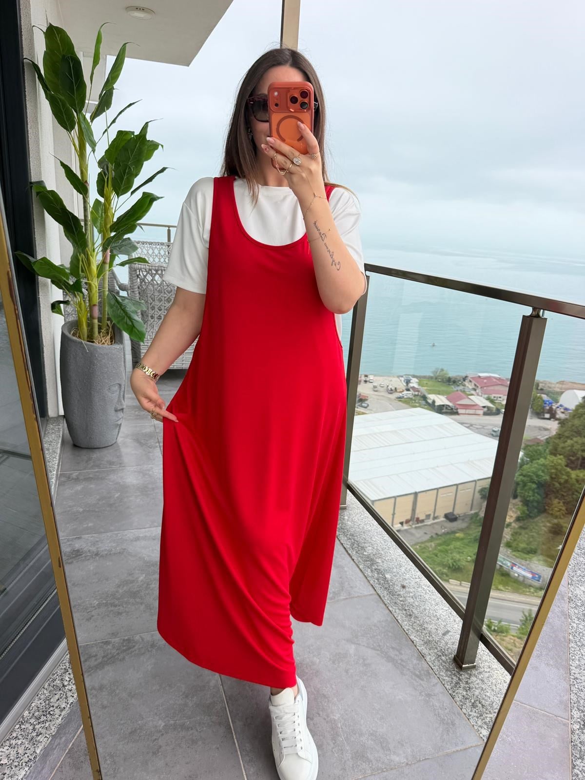 2435 Salopet Elbise Tshirt Takım KIRMIZI