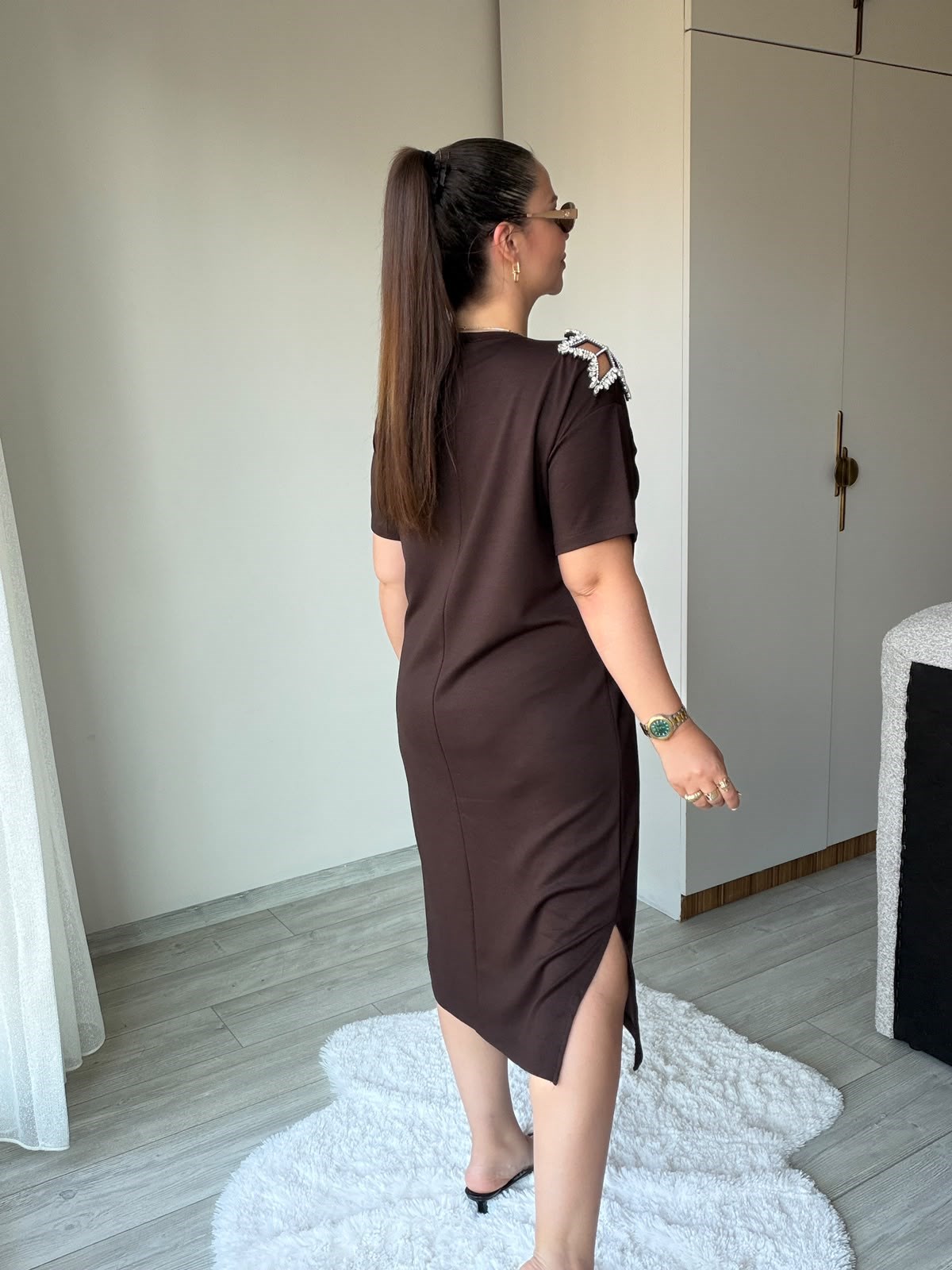 2441 Yıldız Taşlı Elbise KAHVE