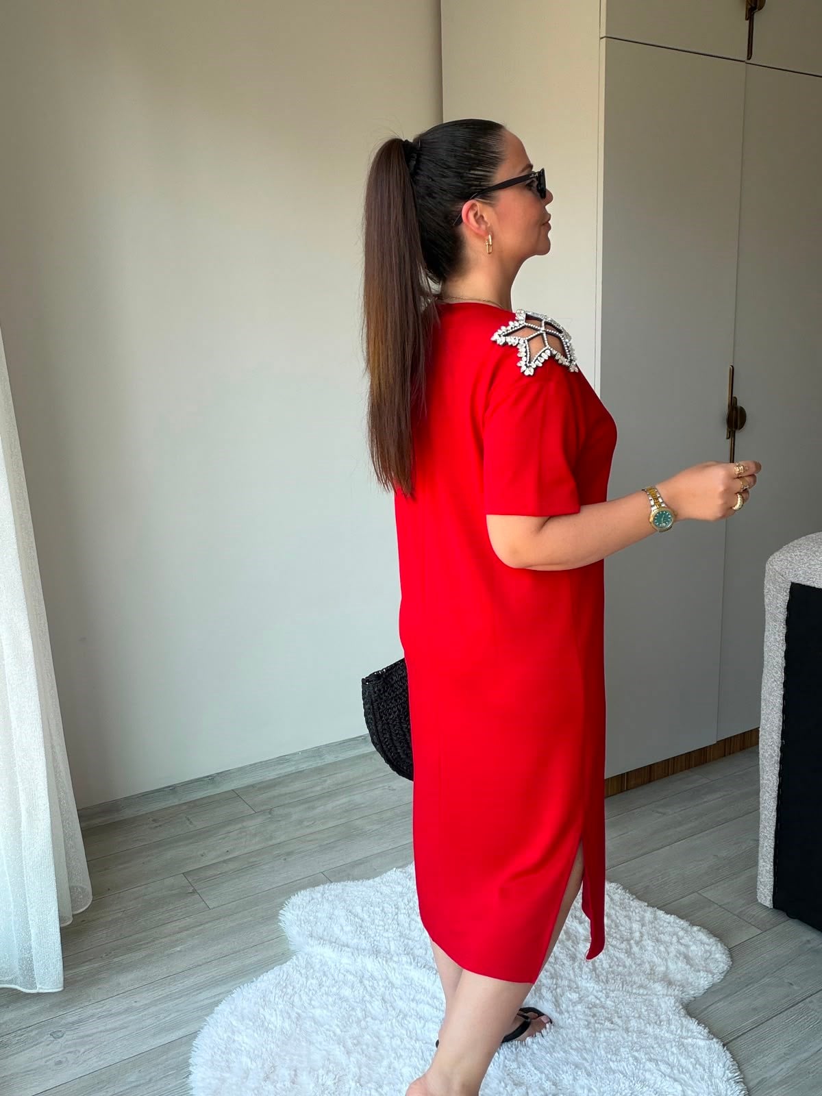 2441 Yıldız Taşlı Elbise KIRMIZI
