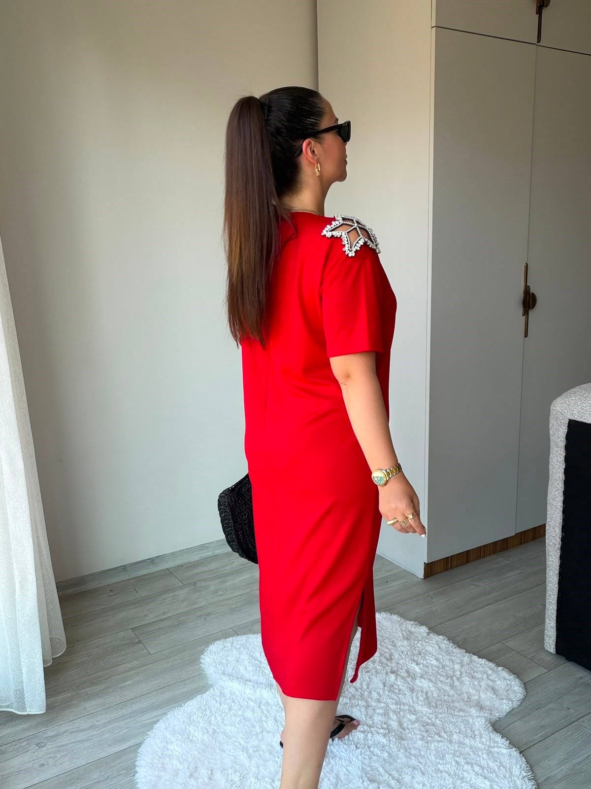 2441 Yıldız Taşlı Elbise KIRMIZI