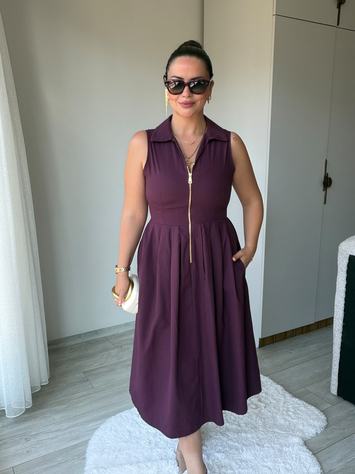 2452 Poplin Fermuarlı Elbise BORDO