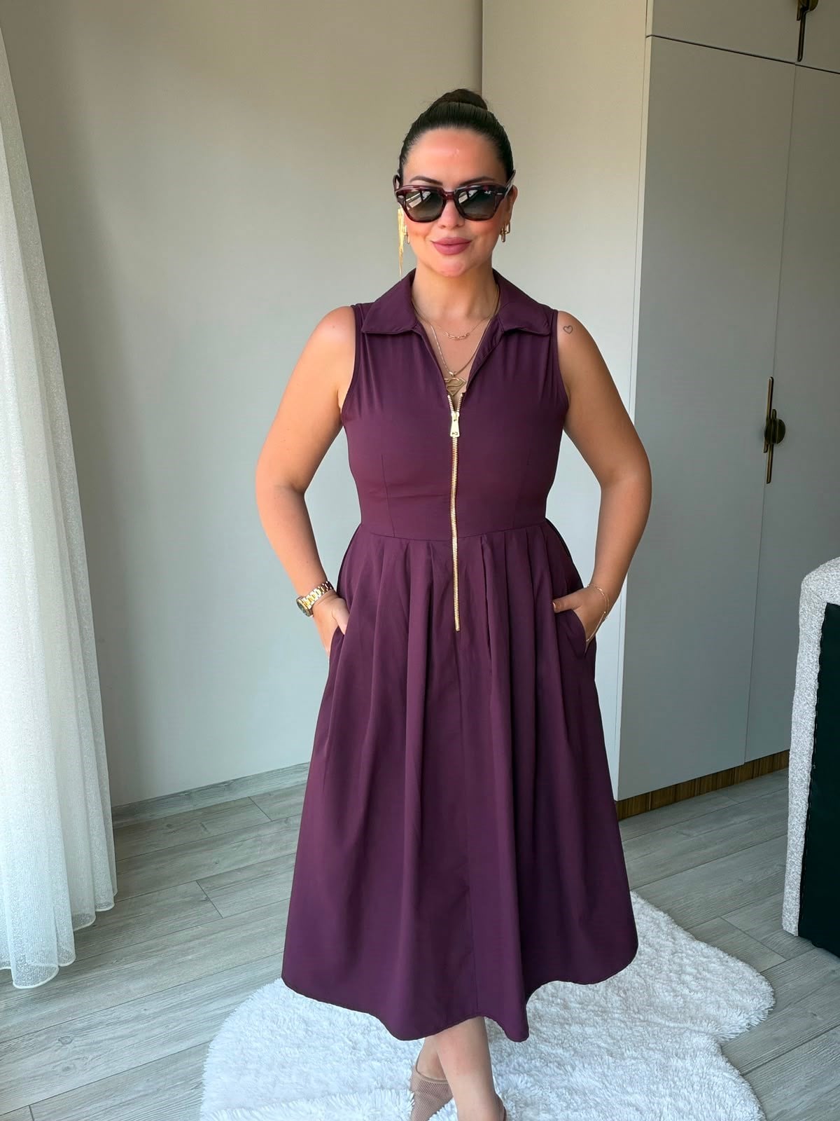 2452 Poplin Fermuarlı Elbise BORDO