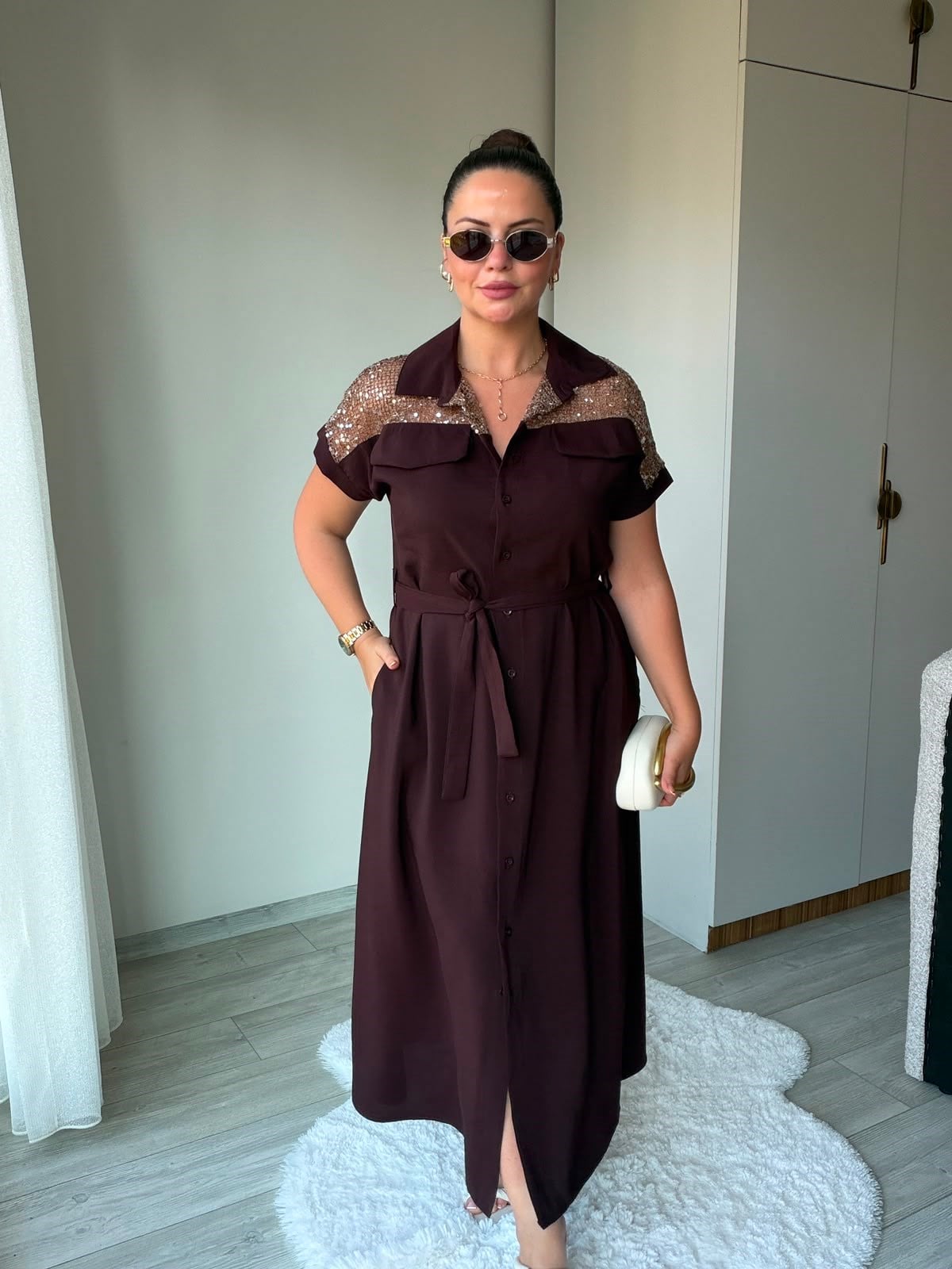 2459 Pullu Fileli Gömlek Elbise KAHVE