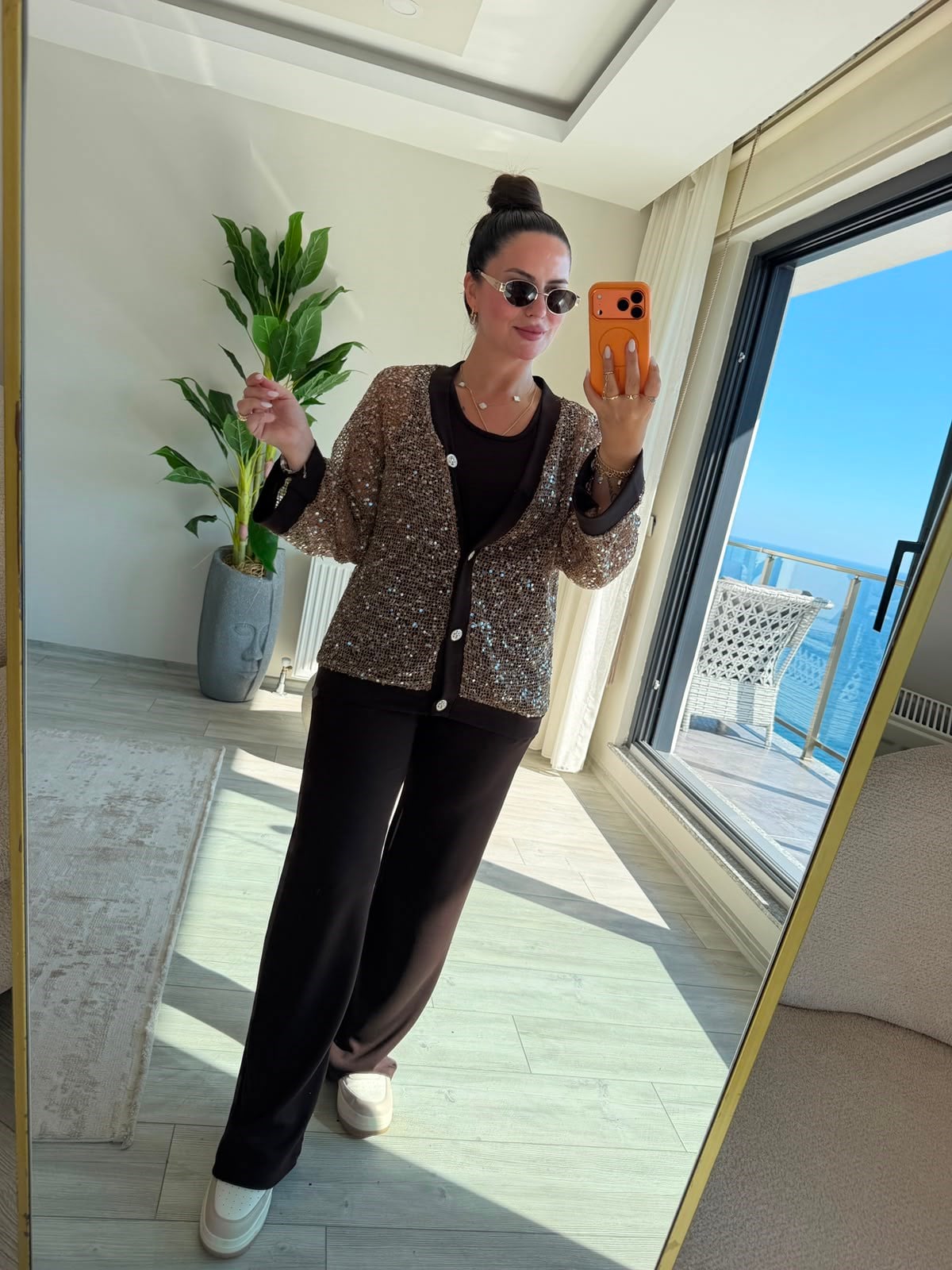 2467 Pullu Fileli Hırkalı Takım KAHVE