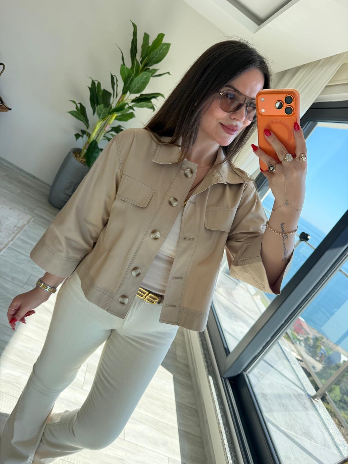 2615 Gabardin Crop Ceket VİZON