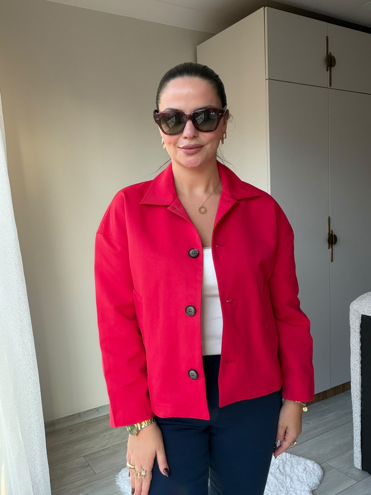 2653 Gabardin Düğmeli Bamber Ceket KIRMIZI