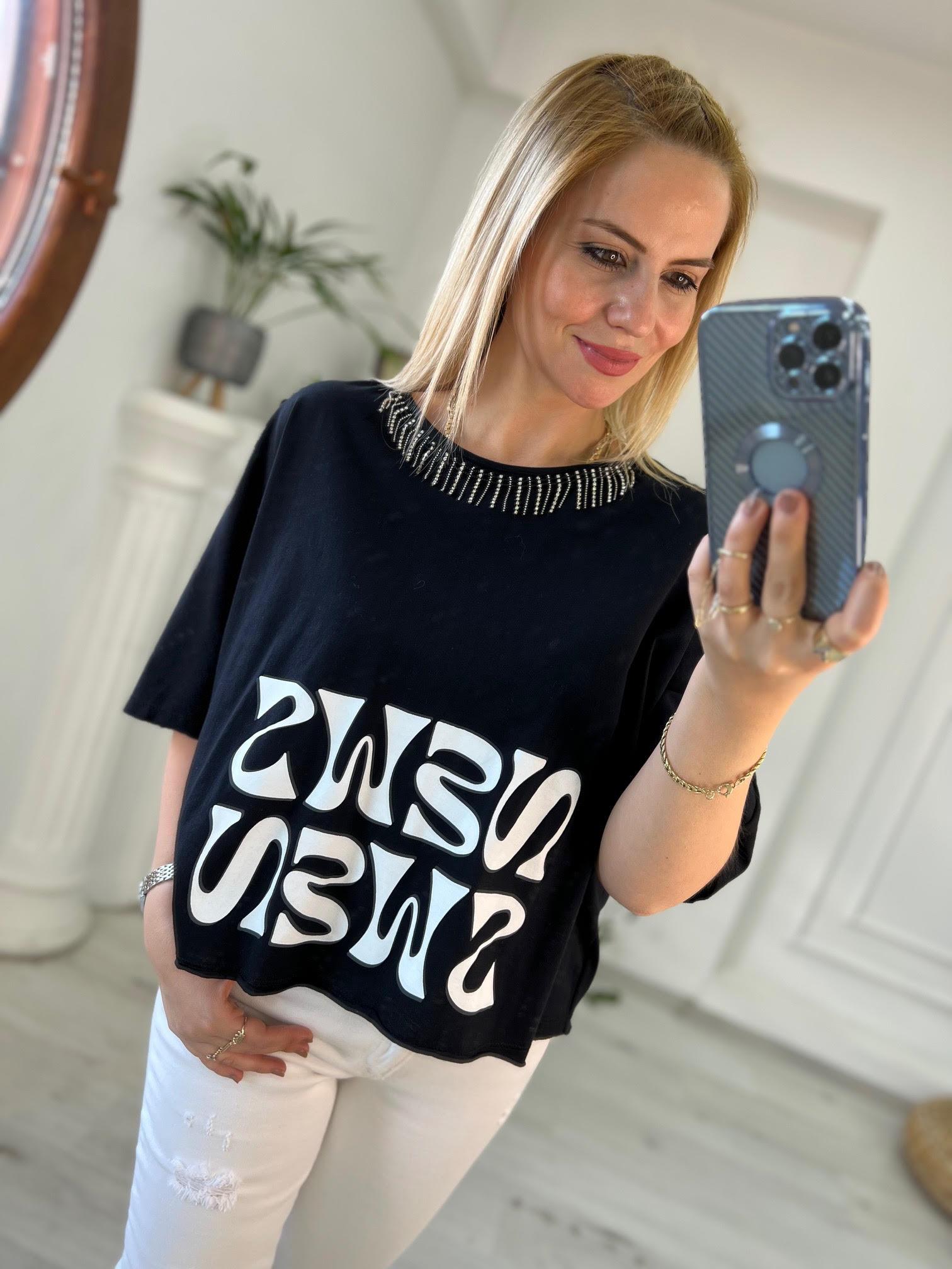 27466 Yaka Taş Zincir Detay Tshirt SİYAH