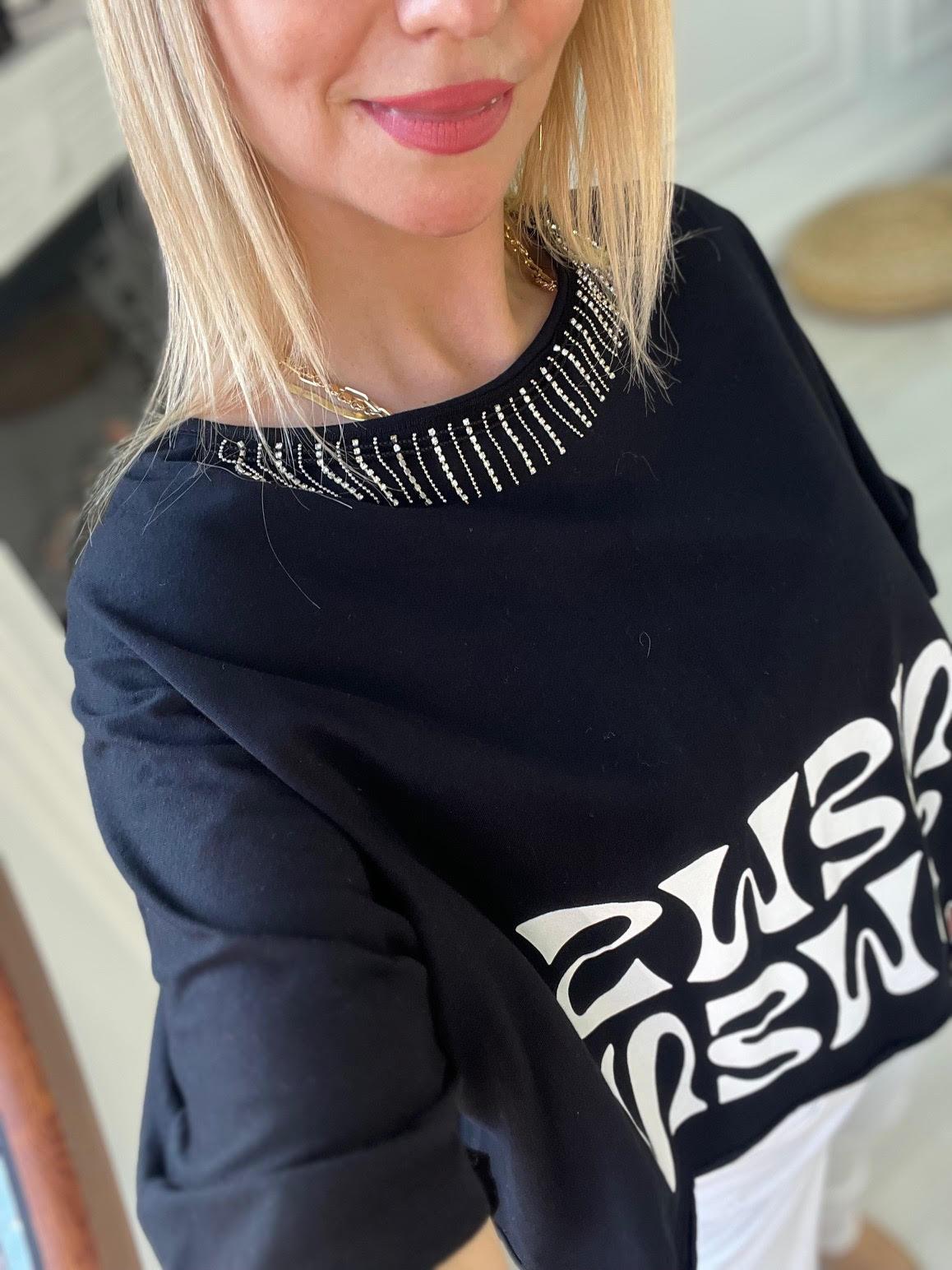 27466 Yaka Taş Zincir Detay Tshirt SİYAH