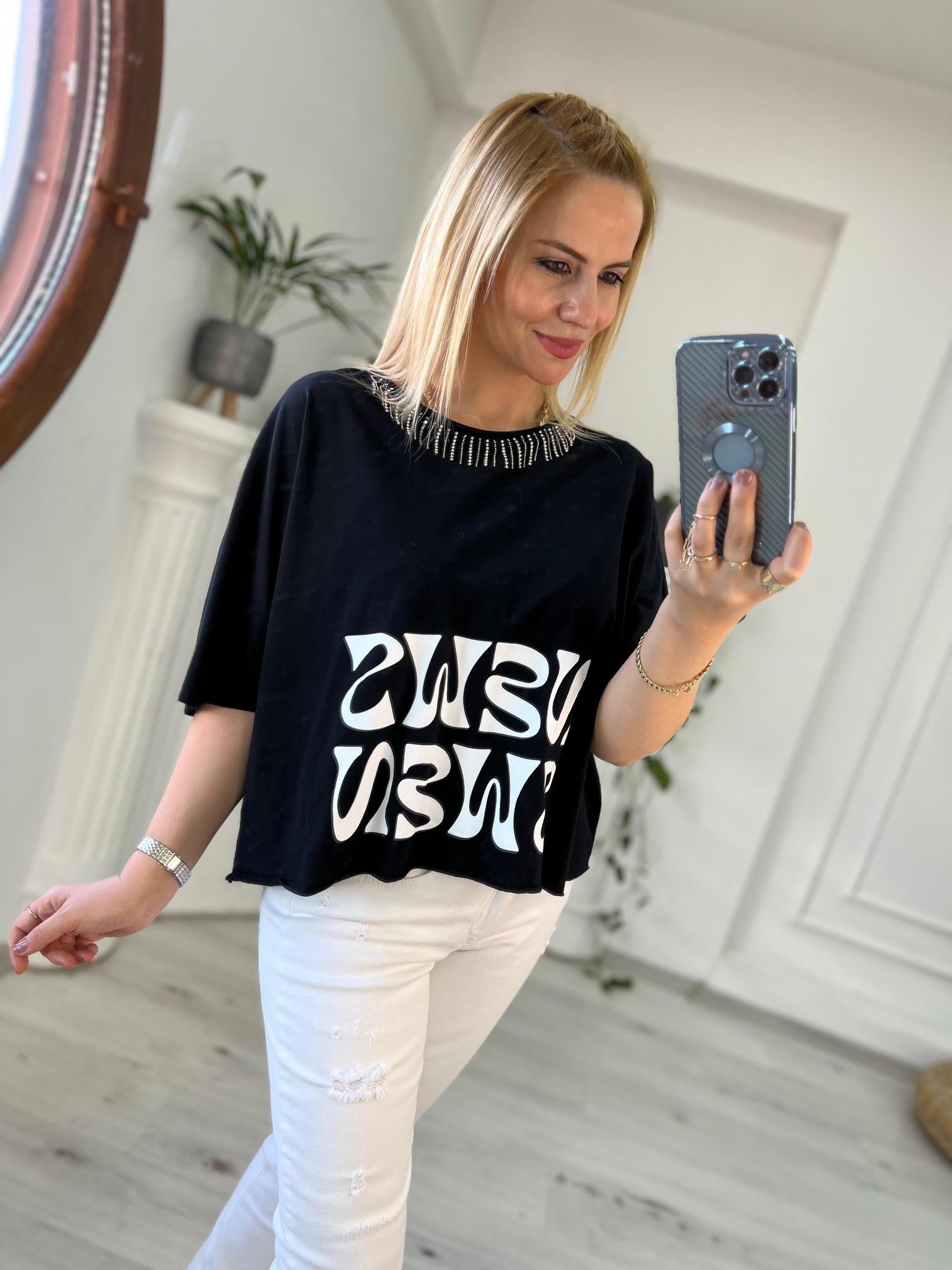 27466 Yaka Taş Zincir Detay Tshirt SİYAH