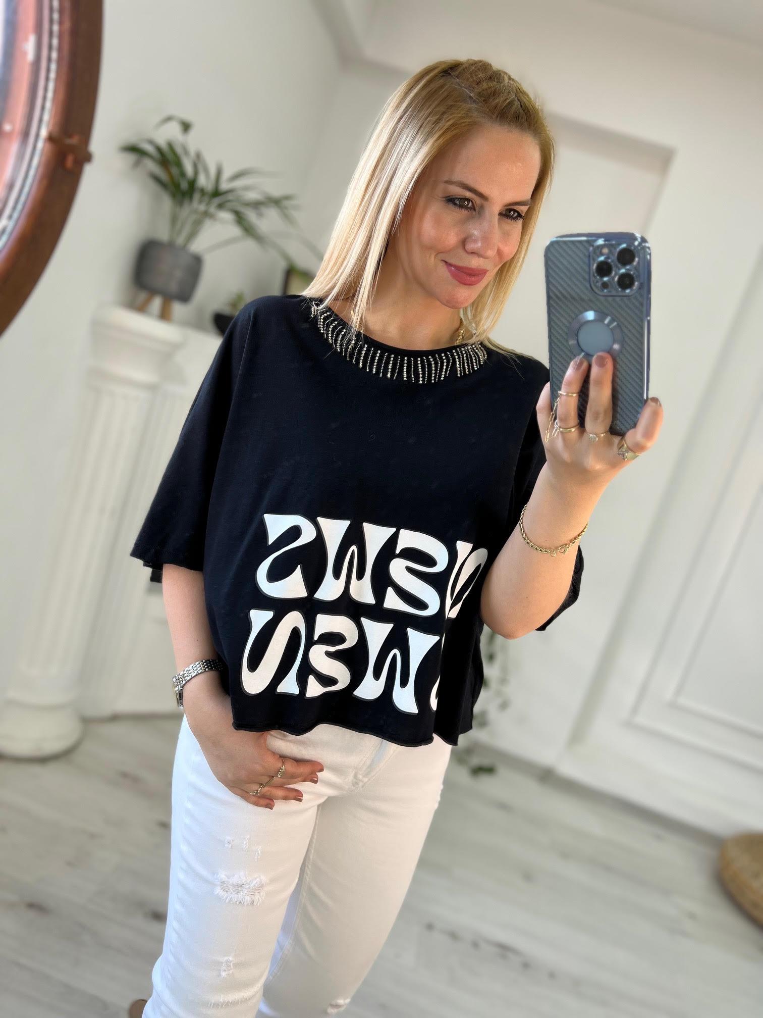 27466 Yaka Taş Zincir Detay Tshirt SİYAH